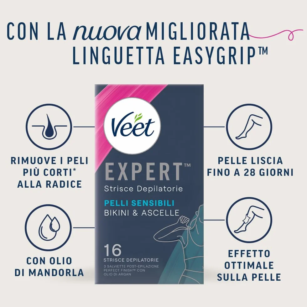 Veet Expert Strisce Depilatorie Ascelle e Zona Bikini, Ceretta Pelli Sensibili con Olio di Mandorla, 3x16 Strisce + 9 Salviette