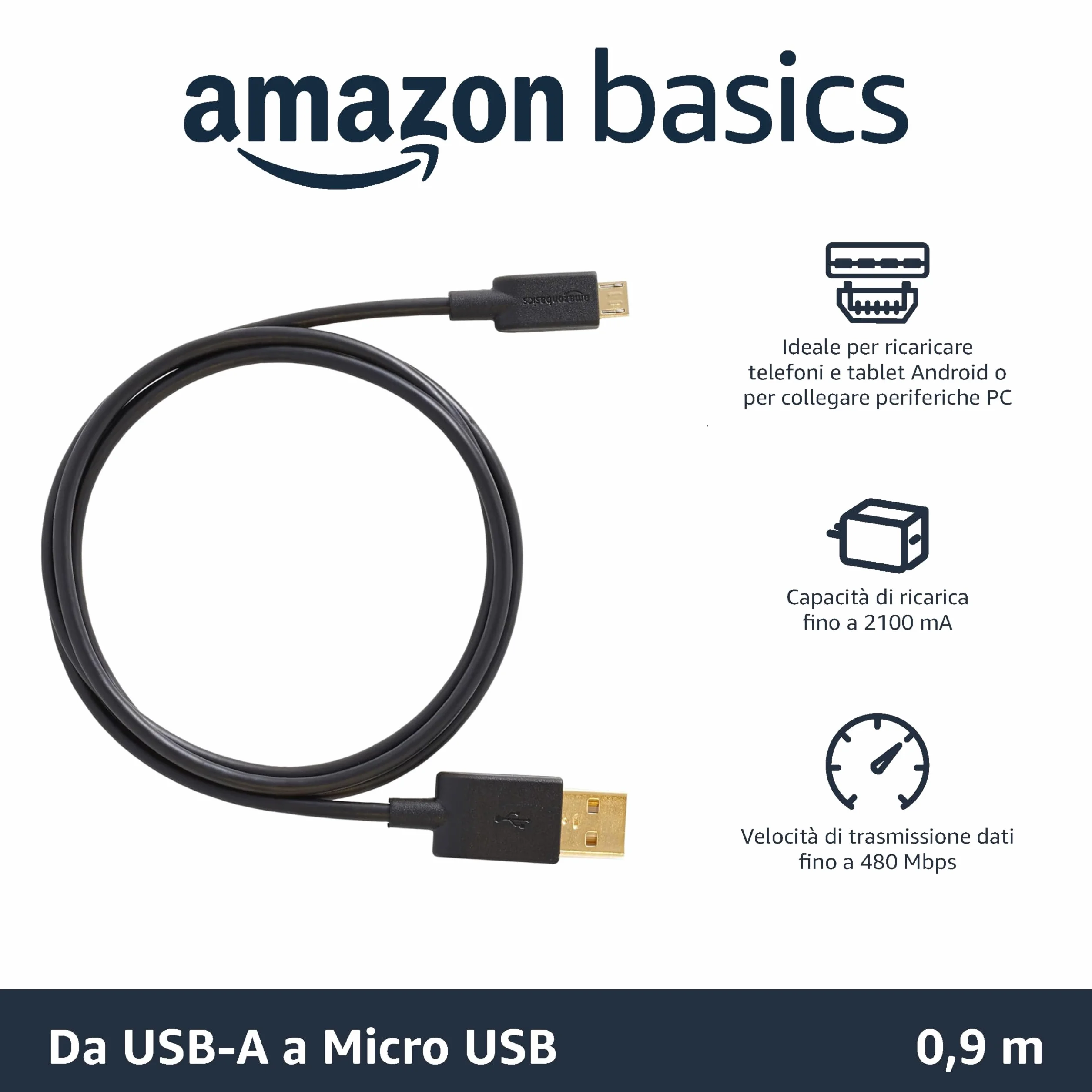 Amazon Basics Cavo USB 2.0 da USB-A maschio a Micro USB (Confezione singola), 0.9 m, Nero