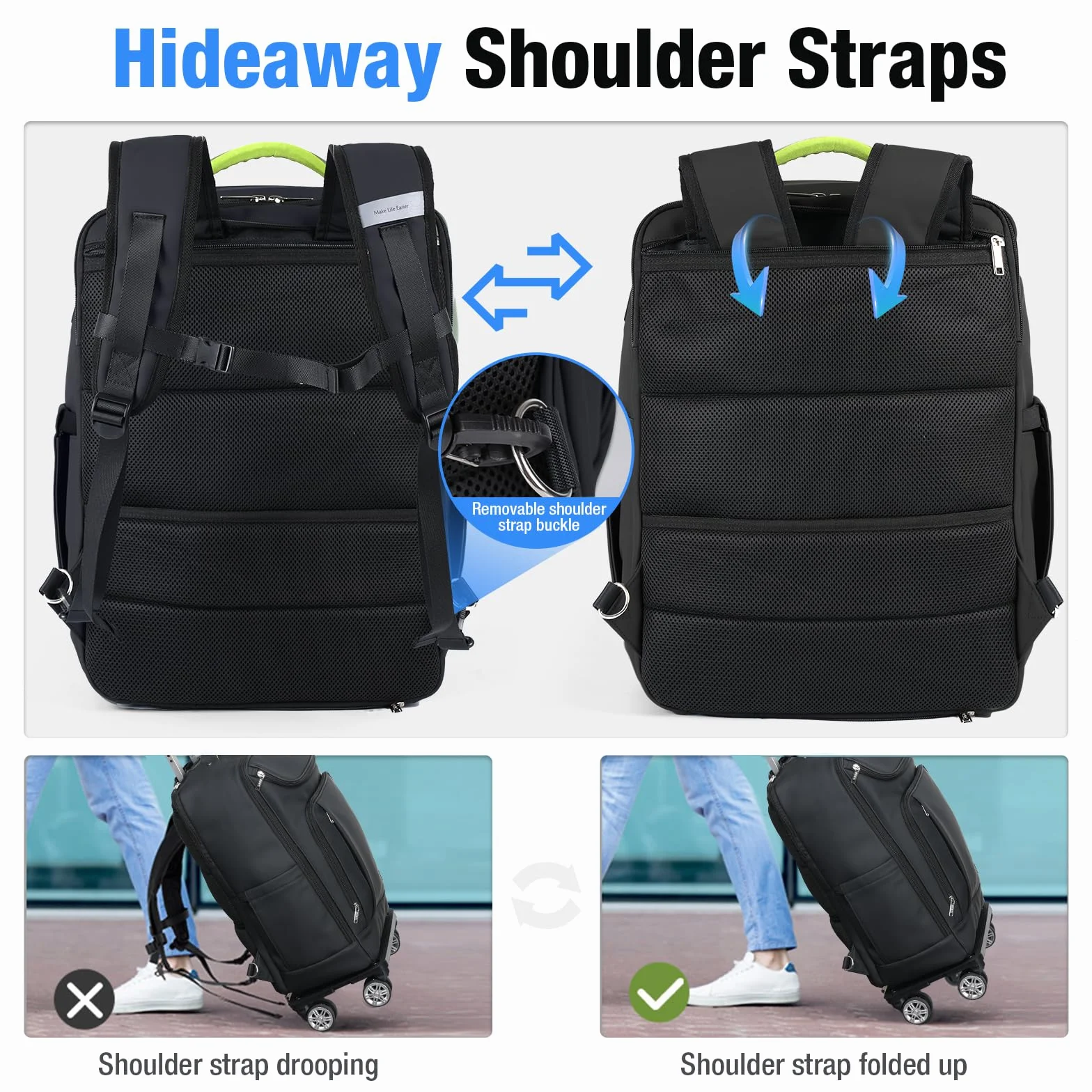 Borsa per Laptop 17.3 Pollici con Ruote Sganciabile, Trolley da Viaggio Impermeabile Nero