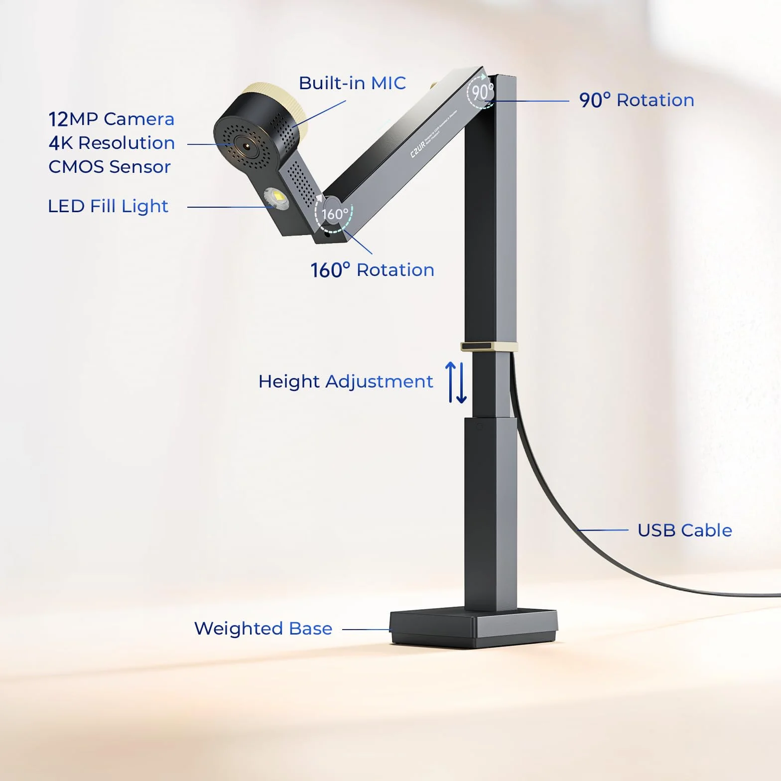 CZUR Fancy S Pro 12 MP Fotocamera per Documenti 4K Pieghevole Visualizzatore Webcam 1080P@60 FPS Doppio Autofocus A3 LED Grigio