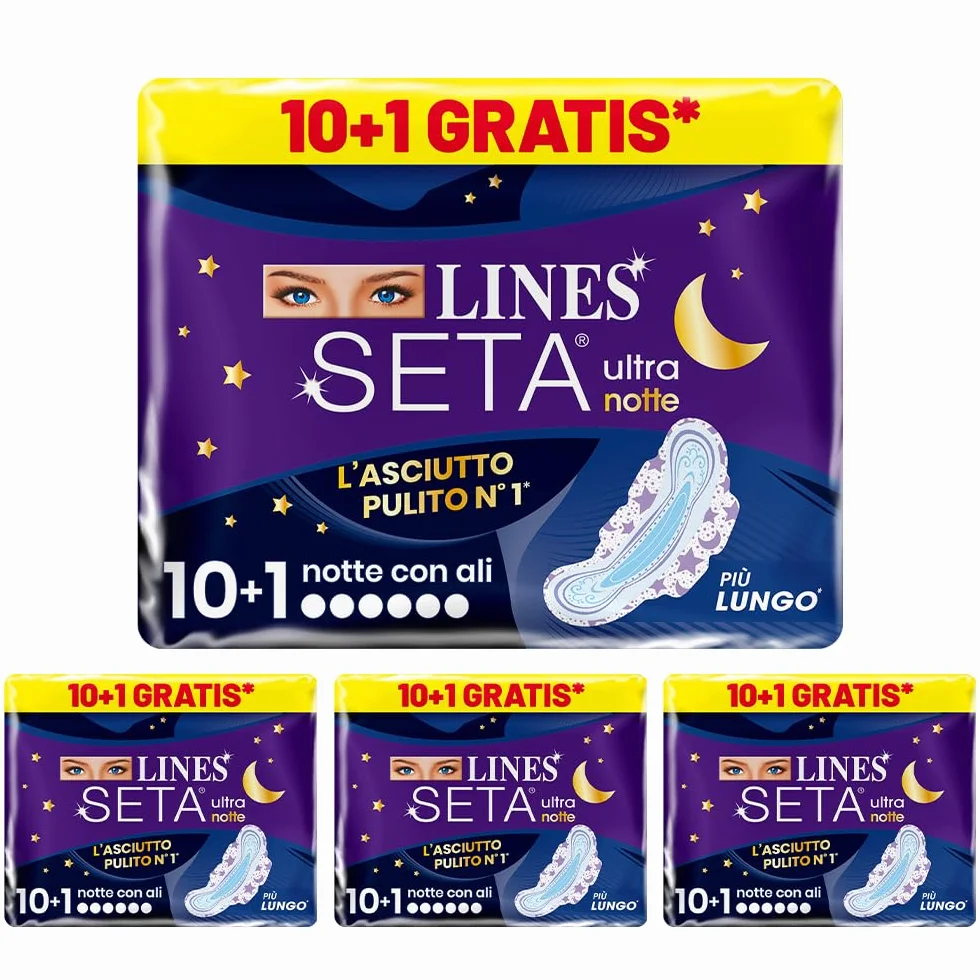 LINES SETA ULTRA NOTTE con ali, 64 assorbenti per ciclo mestruale, protezione notte, ipoallergenico, super assorbente
