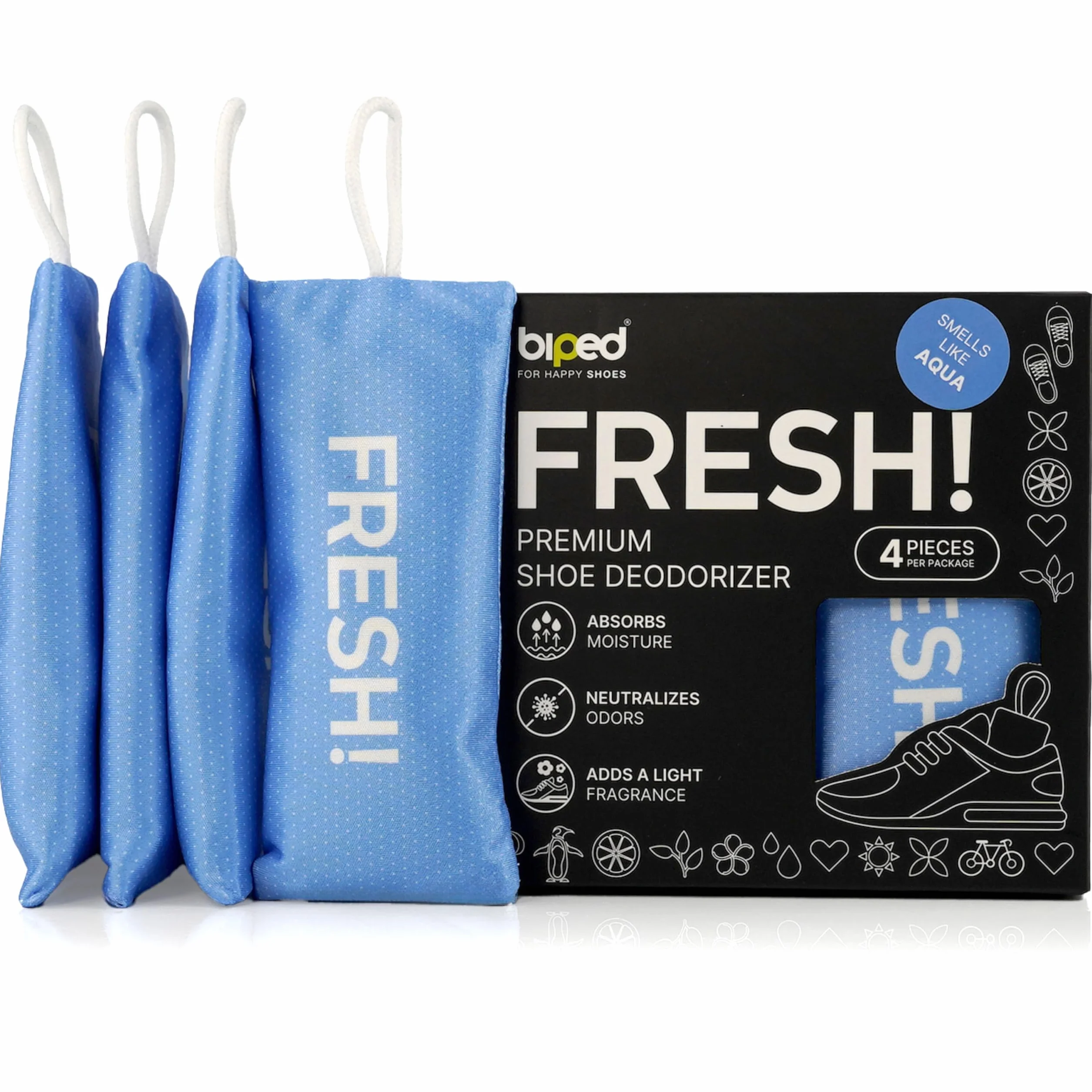 biped FRESH! deodorante premium per scarpe – cuscinetto profumato con carbone di bambù attivo – elimina odori e sudore da sneaker, calzature sportive e borse da palestra (4 pezzi)
