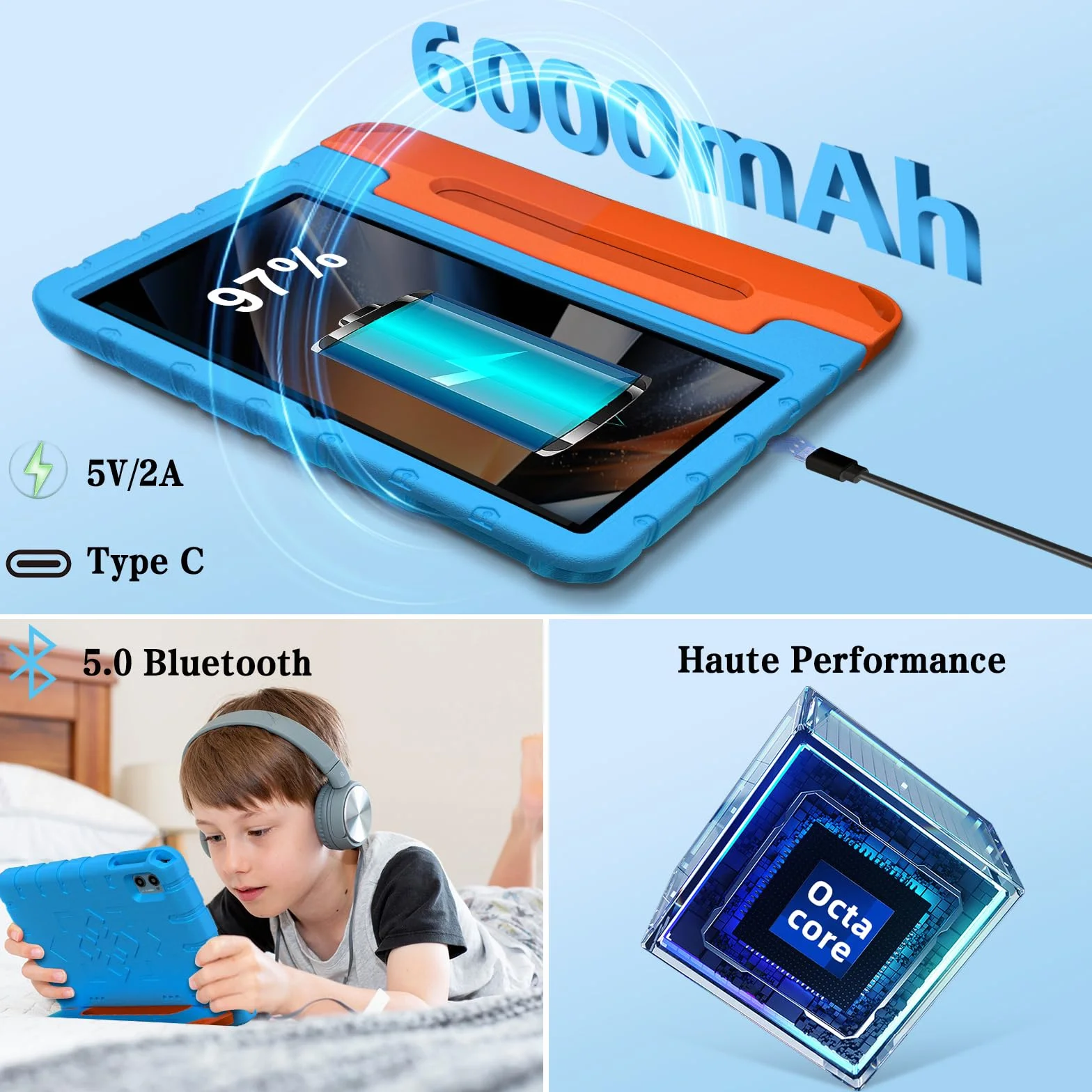 ZIOVO Tablet Bambini 10 Pollici Tablets Android 15, 30GB RAM+64GB ROM(TF 2TB), 5G WiFi Tablets,Gemini AI/Octa-Core/Widevine L1/Face ID/Parentale Controllo/6000 mAh/BT 5.0, Tablet con Eva Caso-Blu
