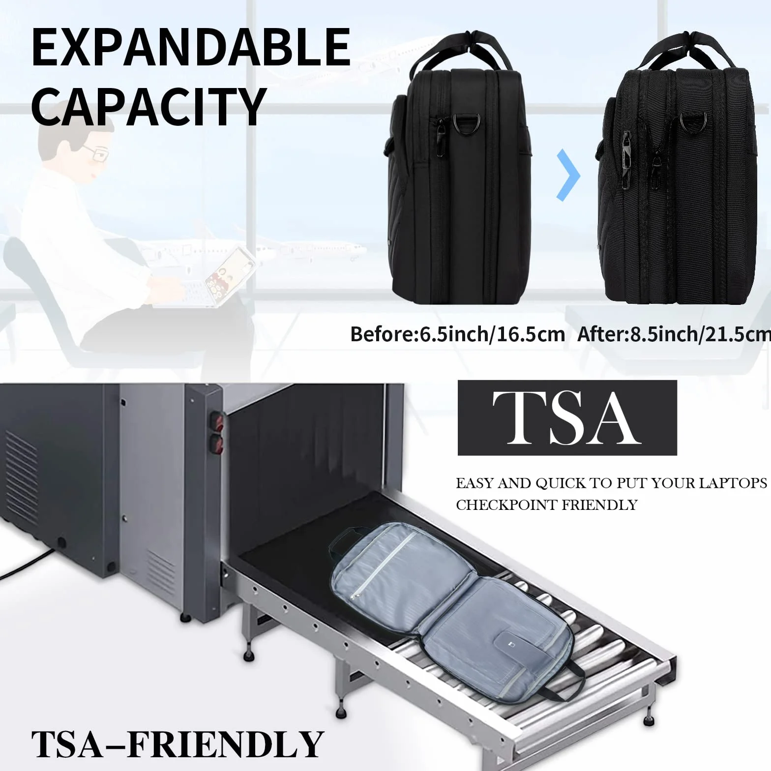 VANKEAN Borsa portatile da 17 pollici, valigetta espandibile TSA per donne moda, borsa per Computer impermeabile con tasca RFID, borsa per donne messaggeri per autobus/viaggi/College, nero