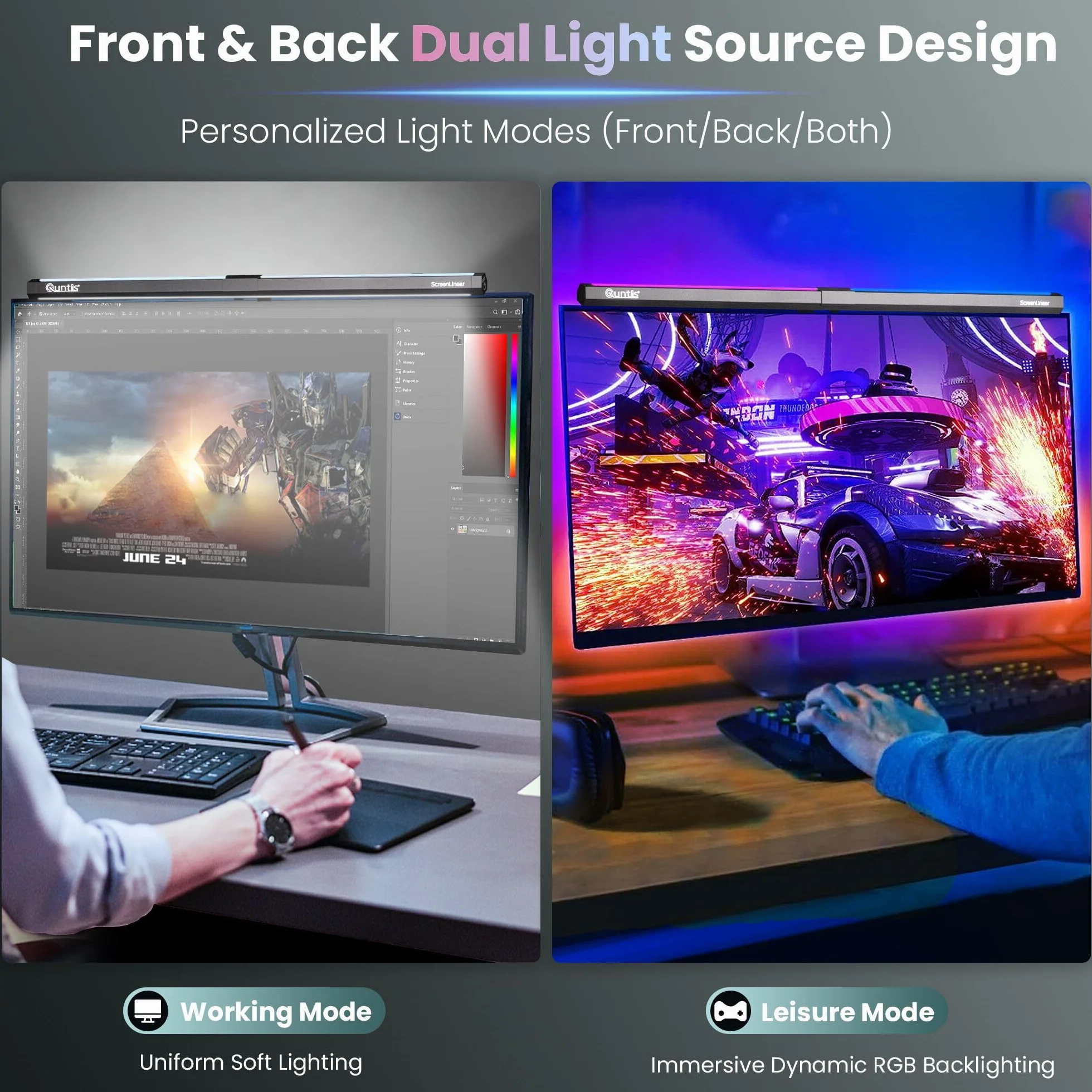 Quntis 40cm Lampada Computer RGB, Light Bar Con Doppia Modalità, Tricolore, USB Luce Schermo PC per Casa e Ufficio, Protezione Occhi - Nero