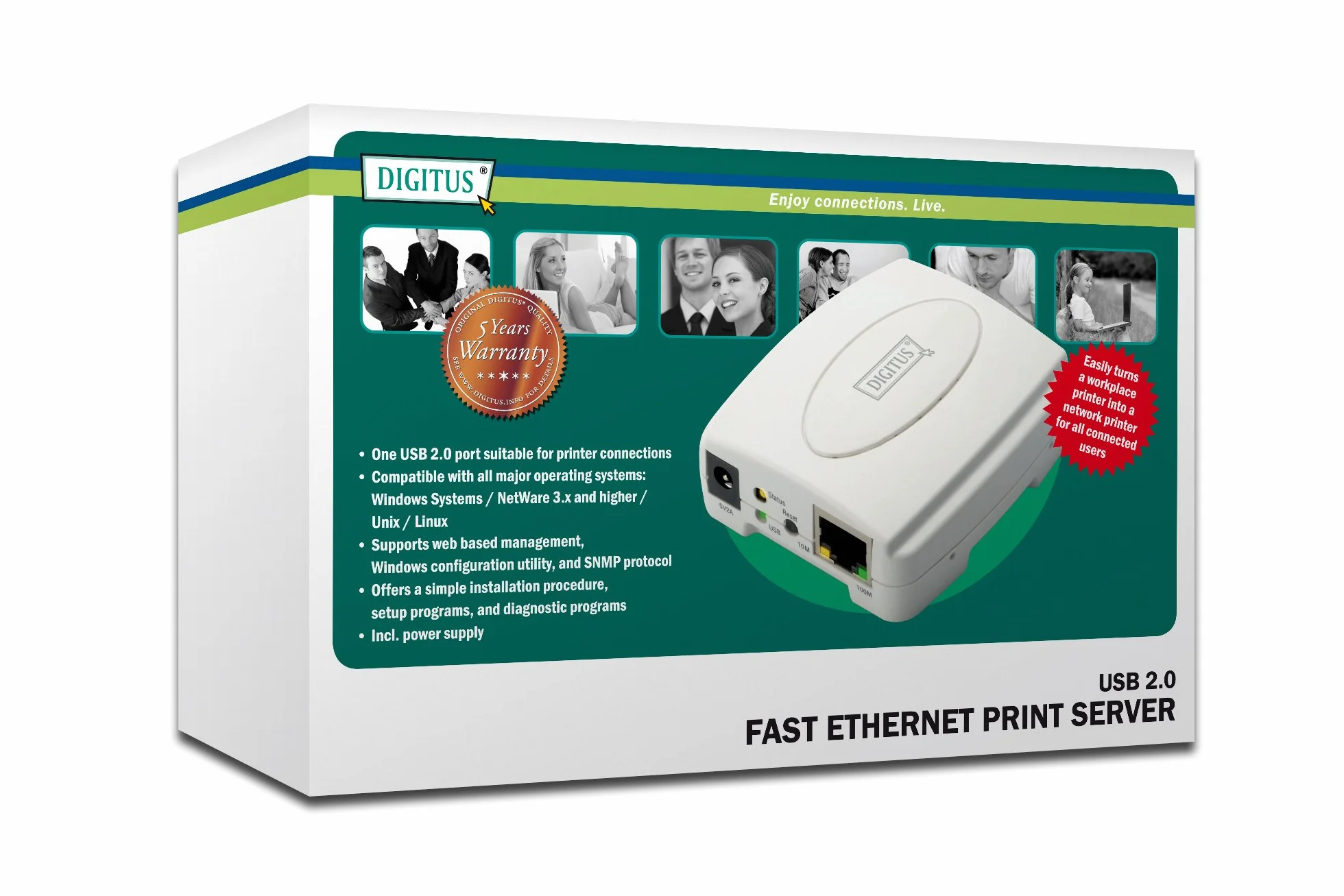 Digitus DN13003 Print Server USB 1 Porta - Connettore Rj45 Femmina e USB A Femmina