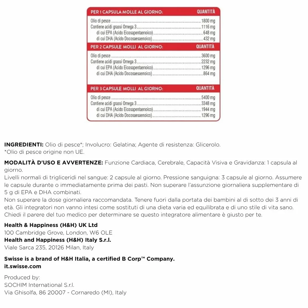 Swisse Omega 3 Concentrato 60 capsule molli 1800 mg Olio di Pesce EPA DHA IFOS