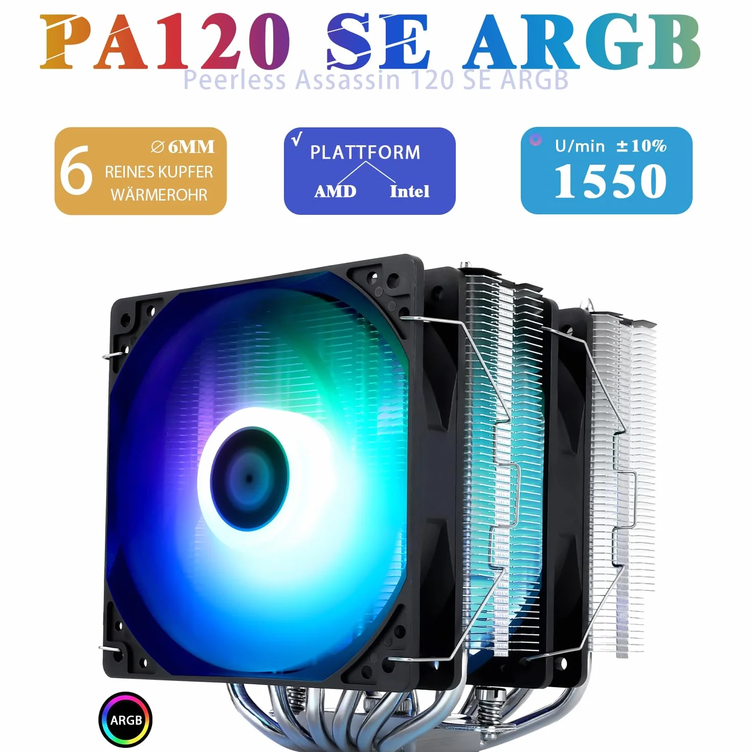 TR-Thermalright Peerless Assassin 120 SE ARGB Dissipatore ad aria per CPU, Doppia torre e ventola con 6 Heat pipe, Ventola PWM da 120mm TL-C12C-S a 1550RPM, per AM5/AM4, Intel LGA1851/1700/115X/1200