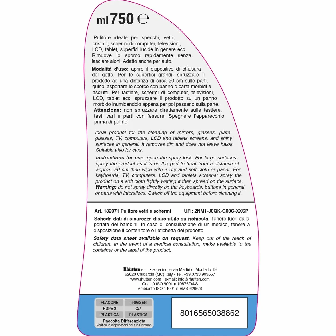 Rhutten Pulitore Vetri e Schermi 750ml