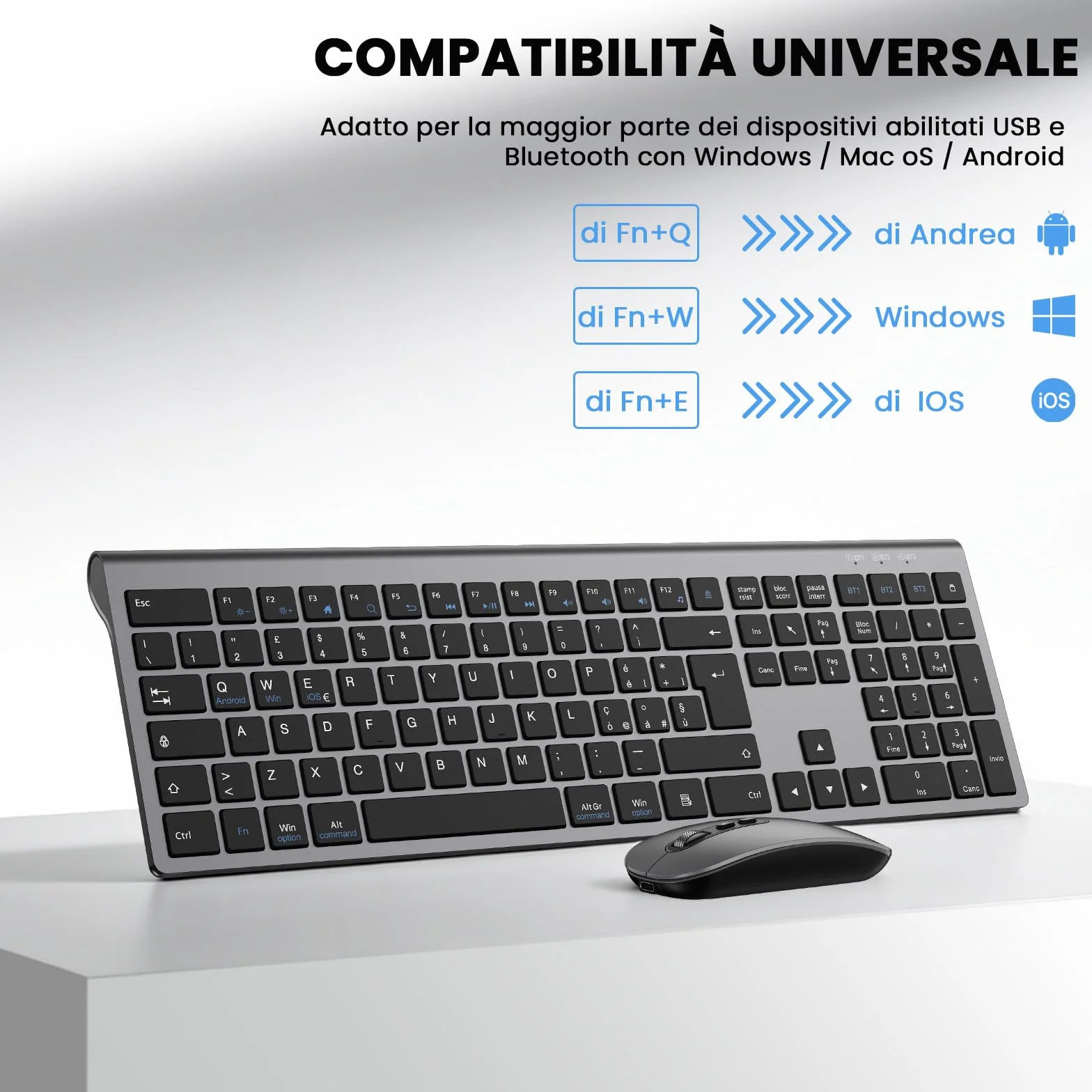 cimetech Tastiera e Mouse Wireless Bluetooth per MacBook Air/MacBook Pro/Mac, Layout Italiano QWERTY, Tastiera Design Ergonomico, Ultra Sottile per Computer/Desktop/PC/Laptop/Windows 10/8/7 (grigio）