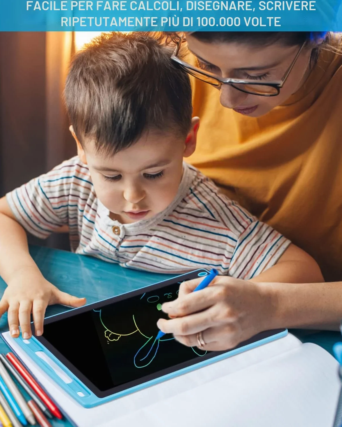 Tavoletta Grafica Bambini LCD 8,5 Pollici Display Colorato Cancellabile con Pulsante Elimina e Blocco