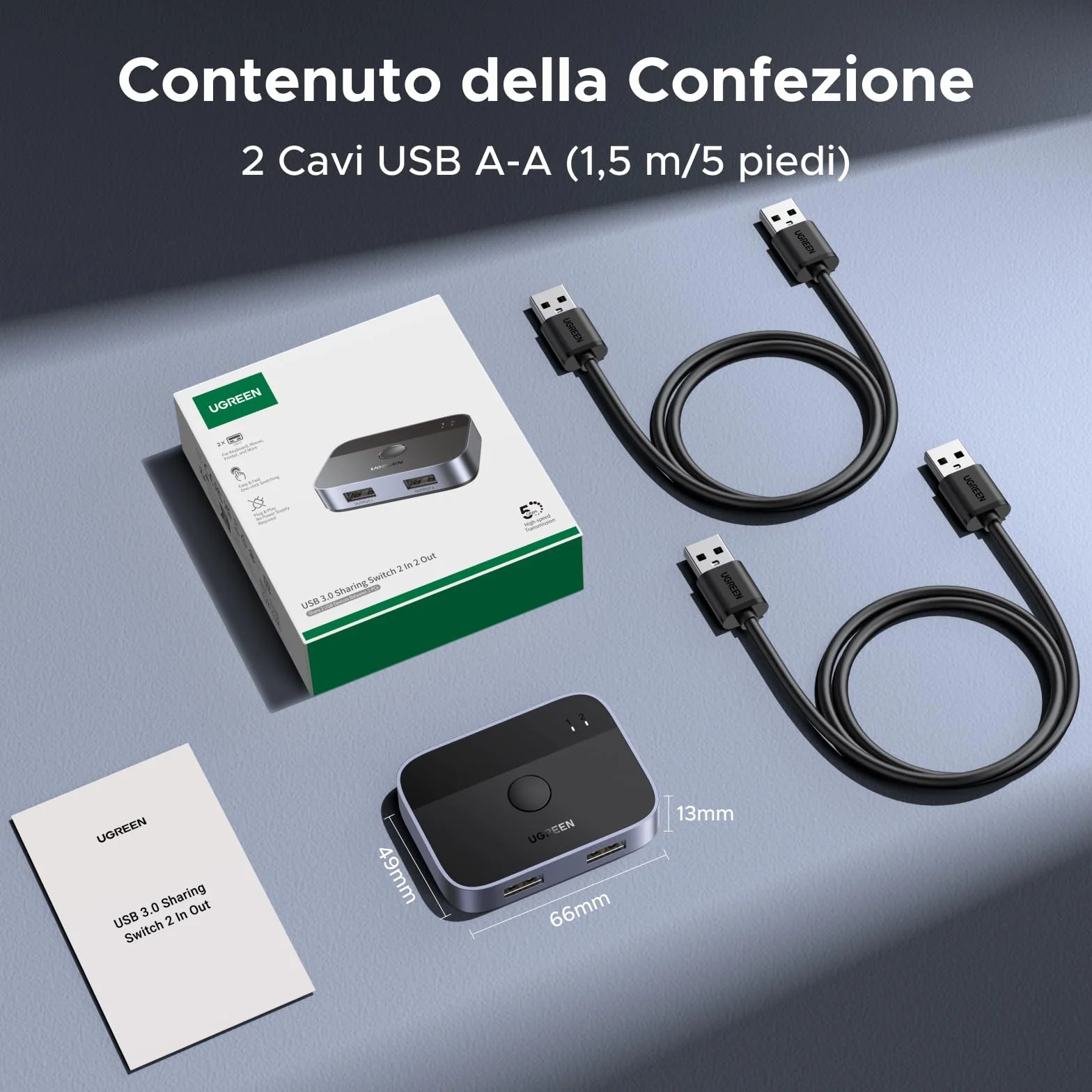 UGREEN Switch USB 3.0 5Gbps KVM Switcher 2 Porte per 2 PC Interruttore 2 Ingressi 2 Uscite Alluminio per Tastiera Mouse Chiave Disco Rigido Esterno Stampante Scanner 2 Cavi 3.0 Inclusi