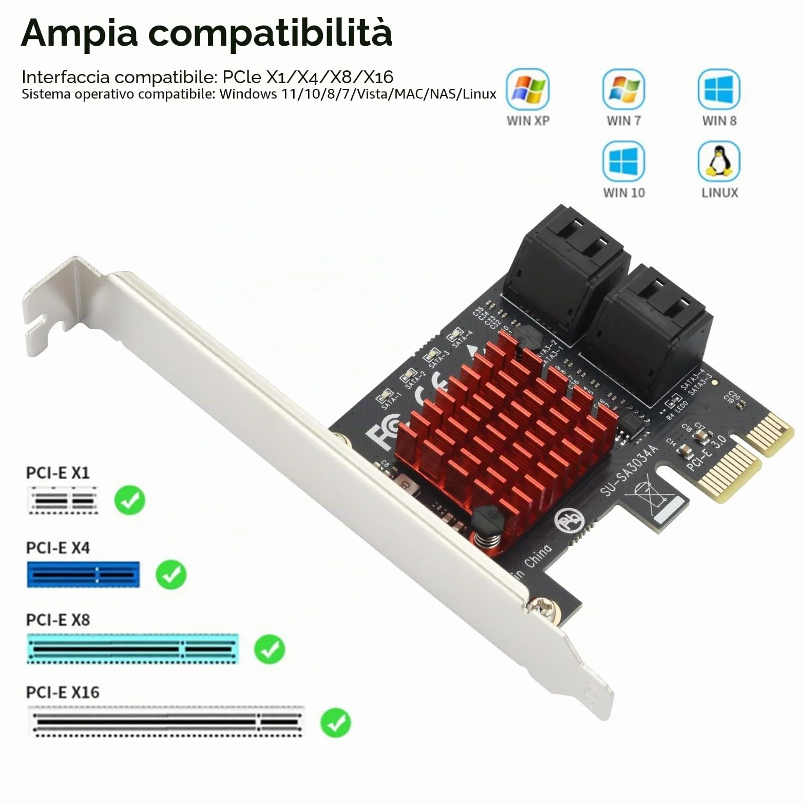 ELUTENG Scheda PCIe SATA a 4 Porte, 6Gbps Scheda di Espansione del Controller PCI-E X1 SATA 3.0 Con Staffa a Basso Profilo, Non-Raid, Avvio Come Disco Di Sistema, Supporto di 4 Dispositivi SA TA 3.0