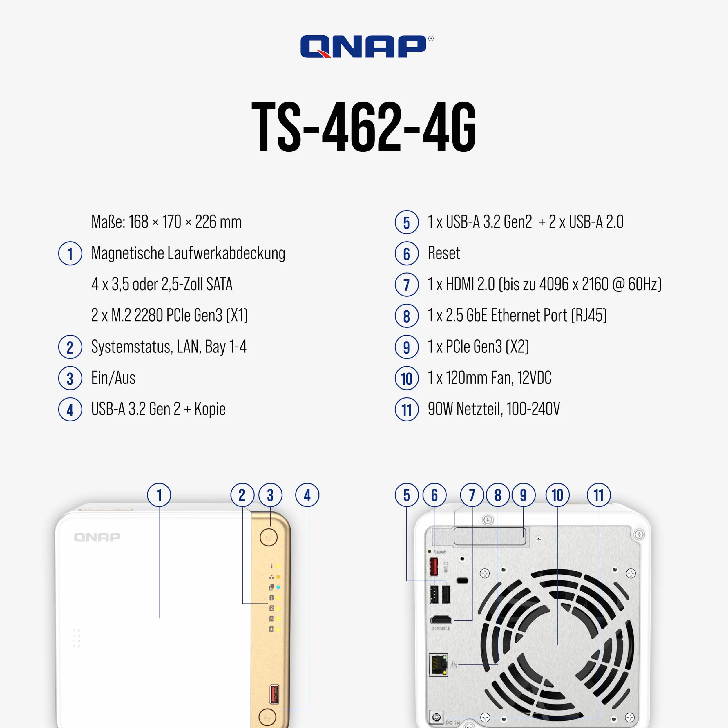 QNAP TS-462-4G serveur de stockage NAS Tower Ethernet/LAN Blanc N4505