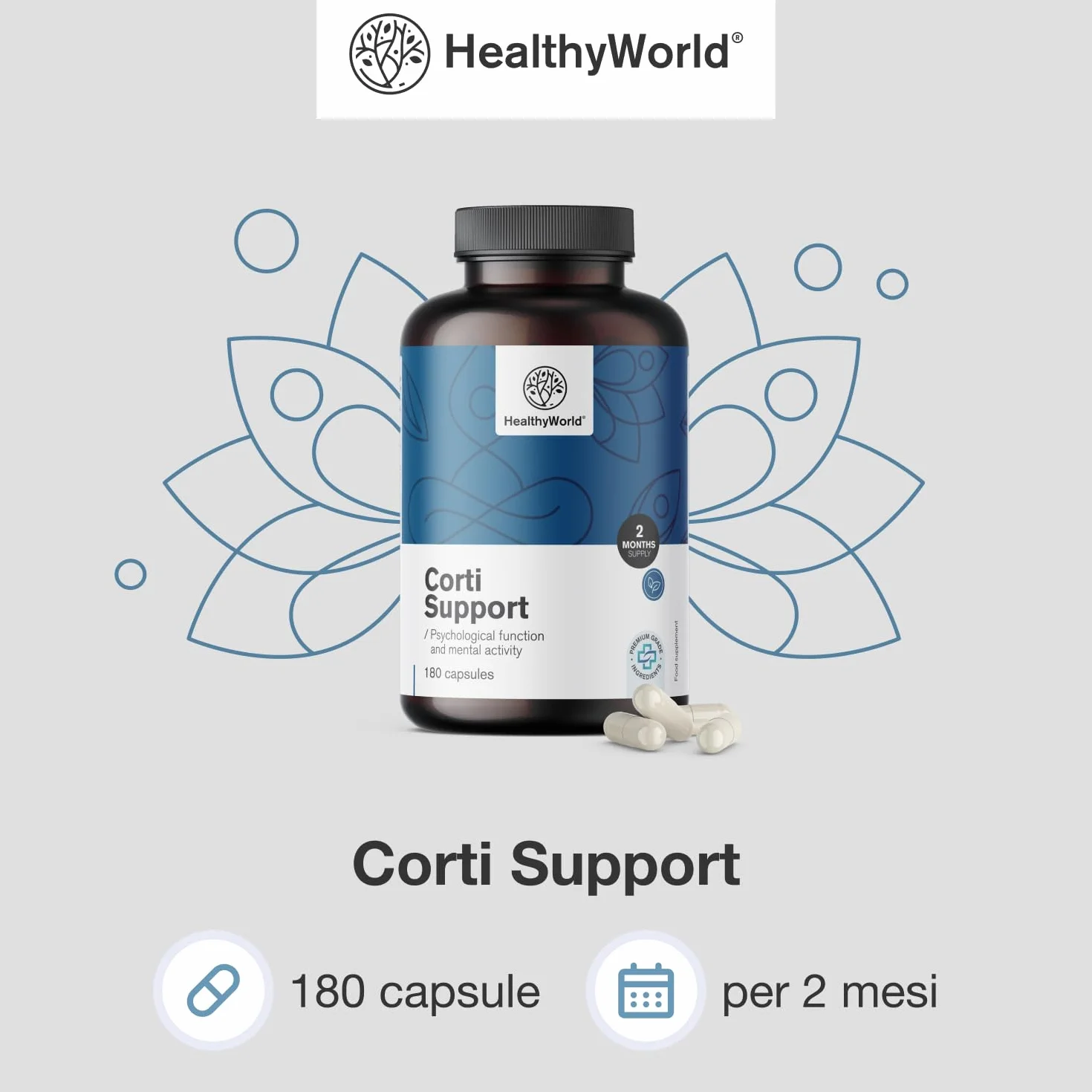 HealthyWorld Corti Support 180 capsule Ashwagandha Rodiola Rosea L-teanina Zinco Pepe nero Vitamina C1 B1 B5 B6 Equilibrio ormonale Formula vegetariana