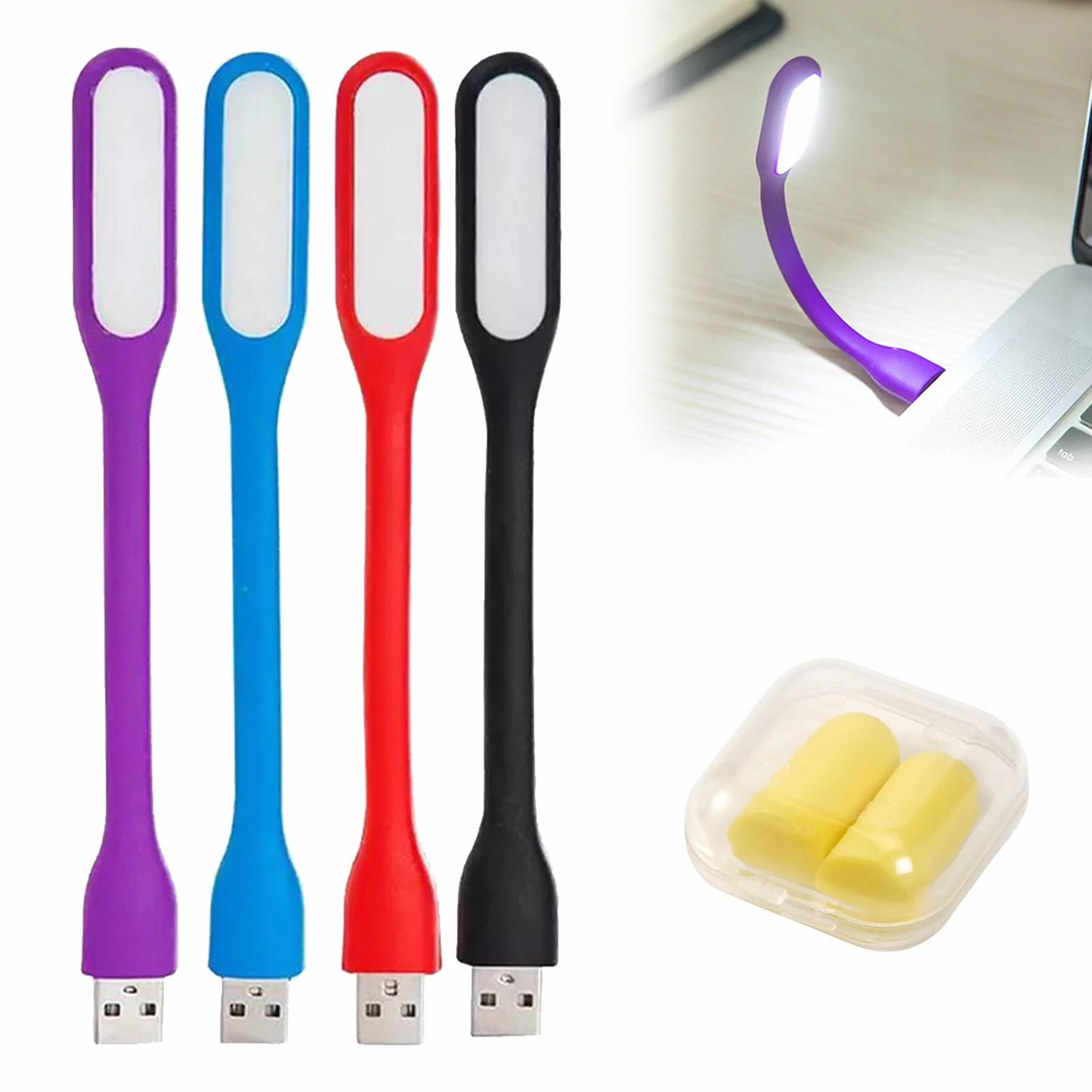 KARELLS LED USB Portatile - Lampada Flessibile per Tastiera e Laptop con 4 Lucette e Tappi Orecchi