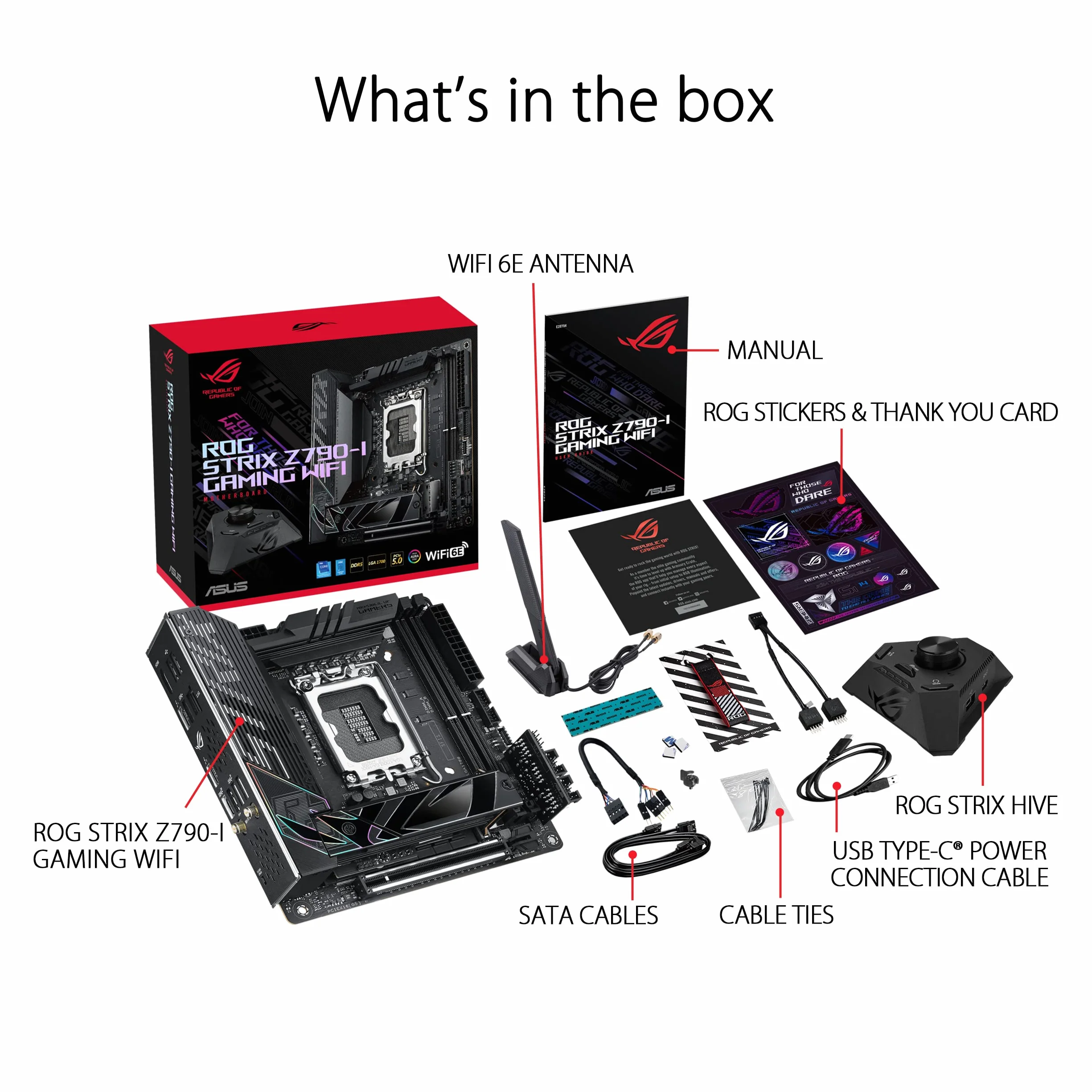 ASUS ROG STRIX Z790-I GAMING WIFI Scheda Madre Gaming Mini-ITX, Intel Z790, LGA1700, DDR5, PCI 5.0, WiFi 6E (802.11ax), Intel 2.5Gb Ethernet, 2xM.2, 2xSATA 6GB/s, Aura Sync RGB, Nero