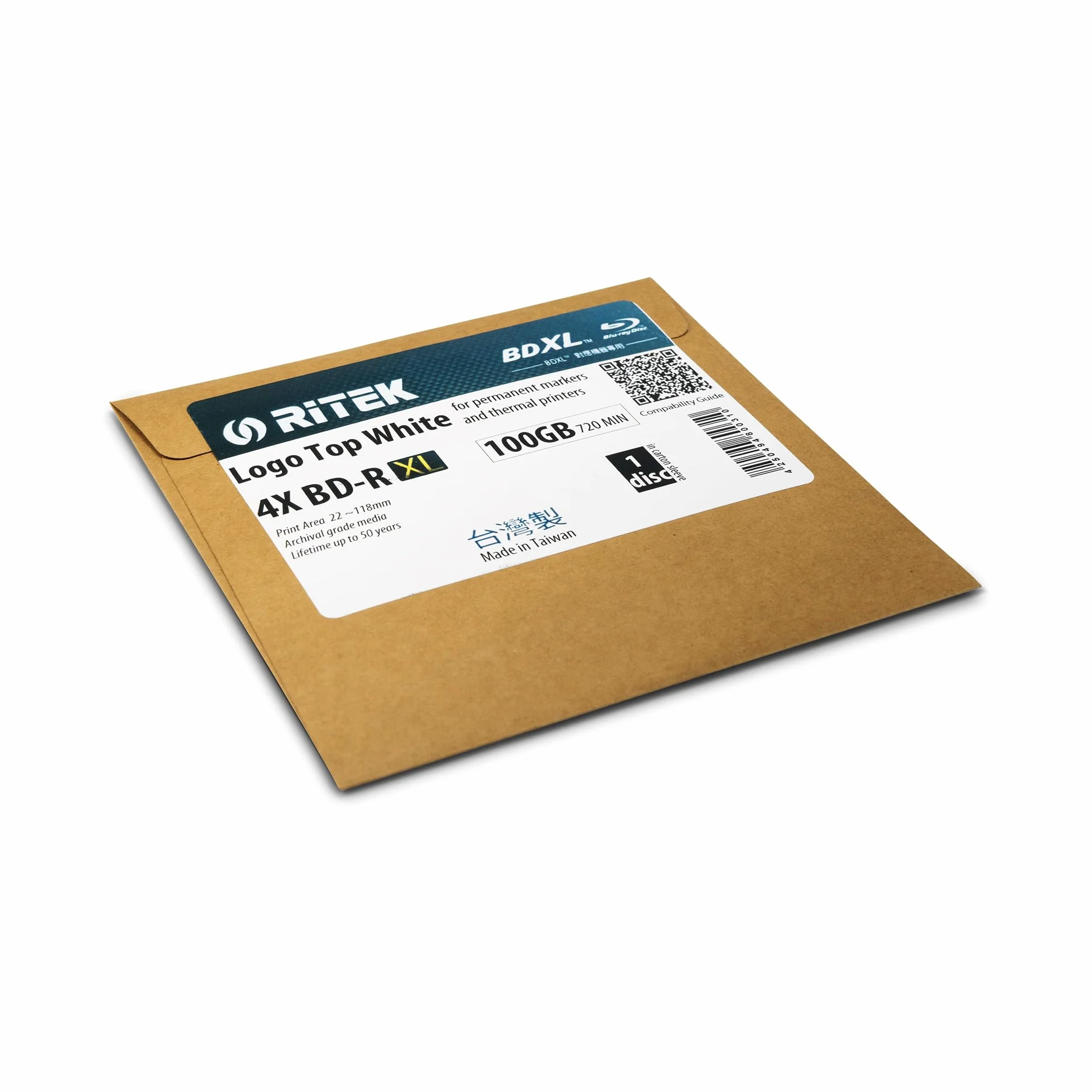 Ritek BD-R XL BDXL 100 GB - Supporto per archivio a triplo strato, 4X, con logo Top White, per Edding o stampante termica, 1 pezzo