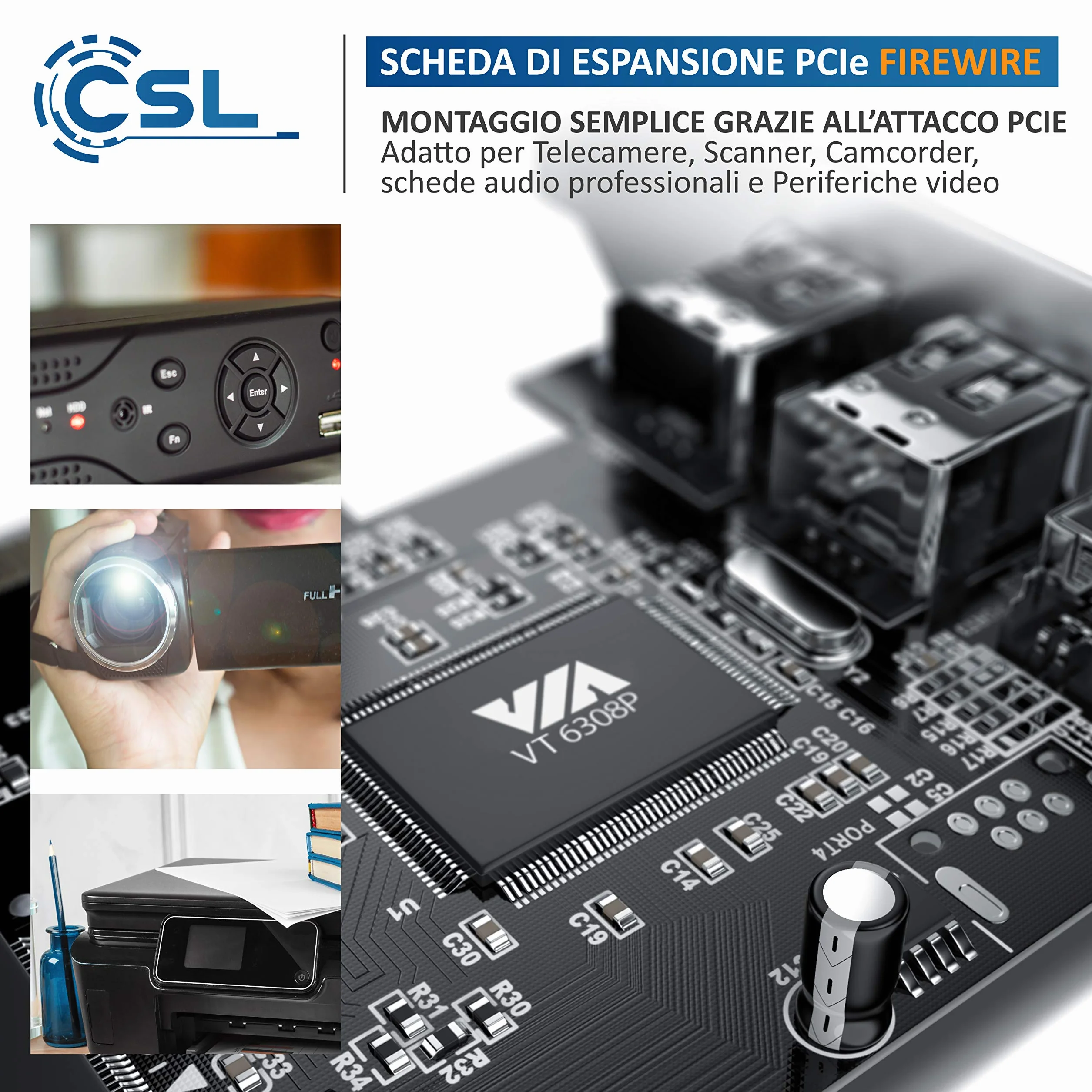 CSL - Scheda di espansione PCIe Firewire Card - PCI-E - 3 connettori - PCIe 1394a 1394a 1394b - Scheda Controller - 2 x 6 Pin e 1 x 4 Pin per PC Desktop