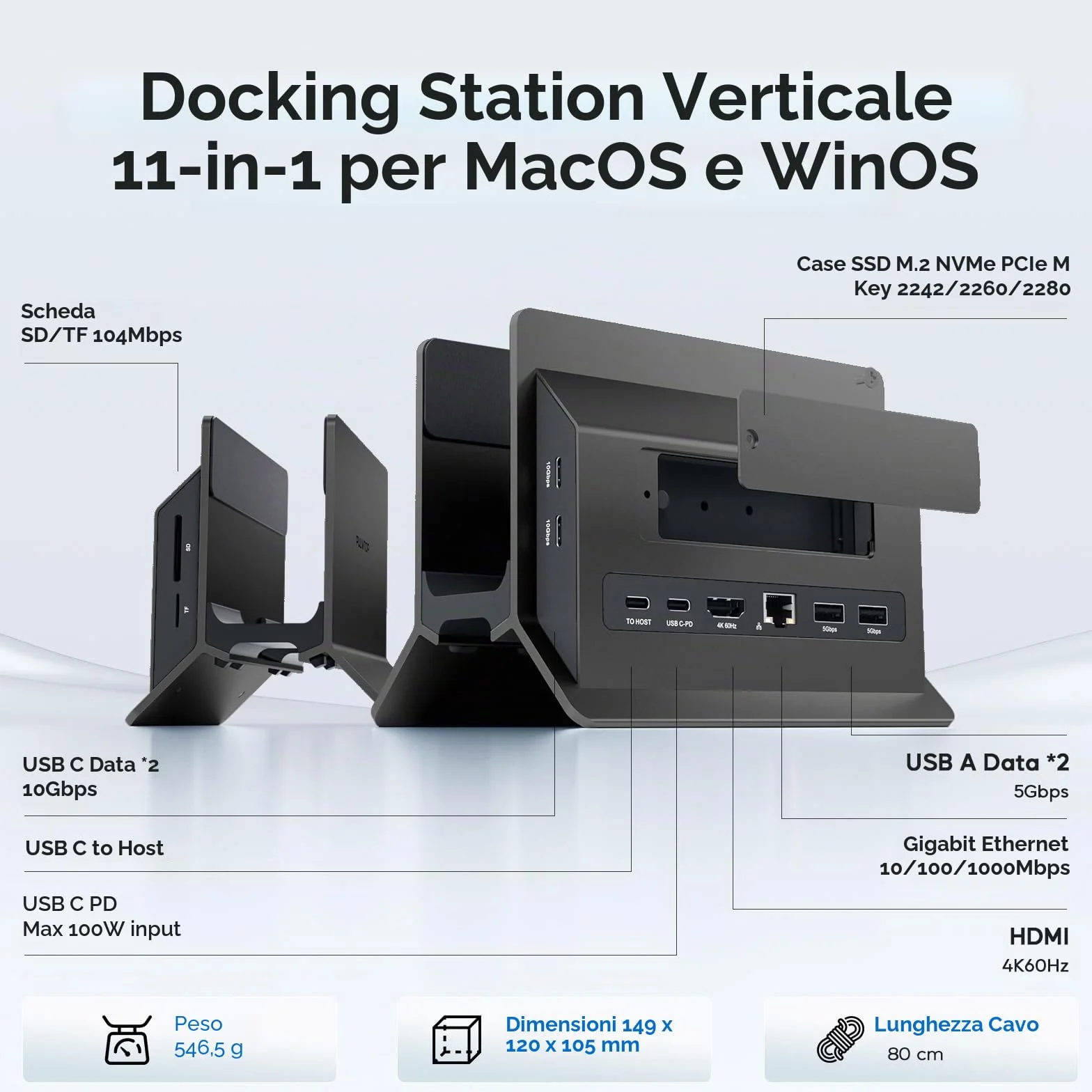 Verticale Docking Station, USB C Macbook Docking Station con M.2 NVMe SSD custodia(SSD non incluso), 4K e 60Hz, 2 porte USB C10 Gbit/s, Supporto Macbook Dock per laptop, Mac, Mac Min, Nero