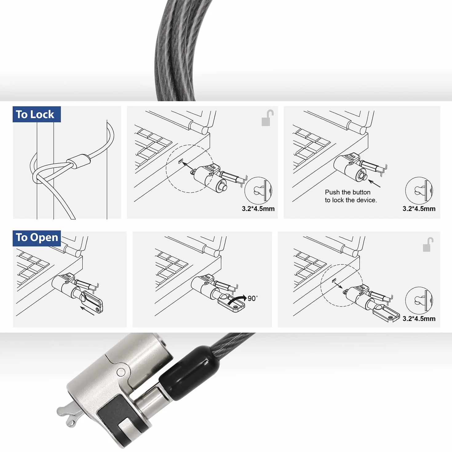 ACT AC9040 - Cavo di sicurezza per laptop, 2 m, con chiave, slot Wedge Slot per notebook, testa di blocco girevole, serratura per computer portatile, cavo antifurto