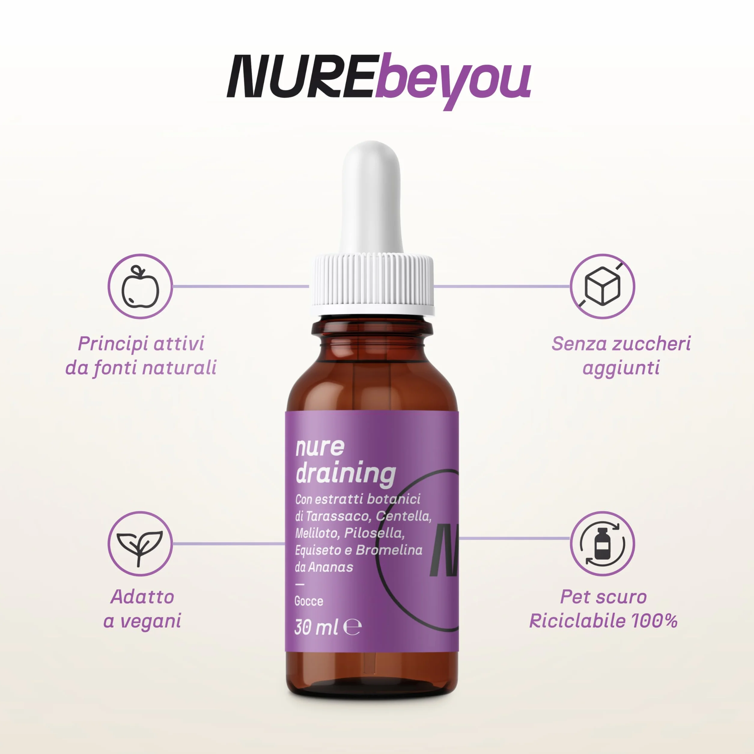 NURE Integratore drenante gocce 30 ml Bromelina Tarassaco centella equiseto depurativo naturale