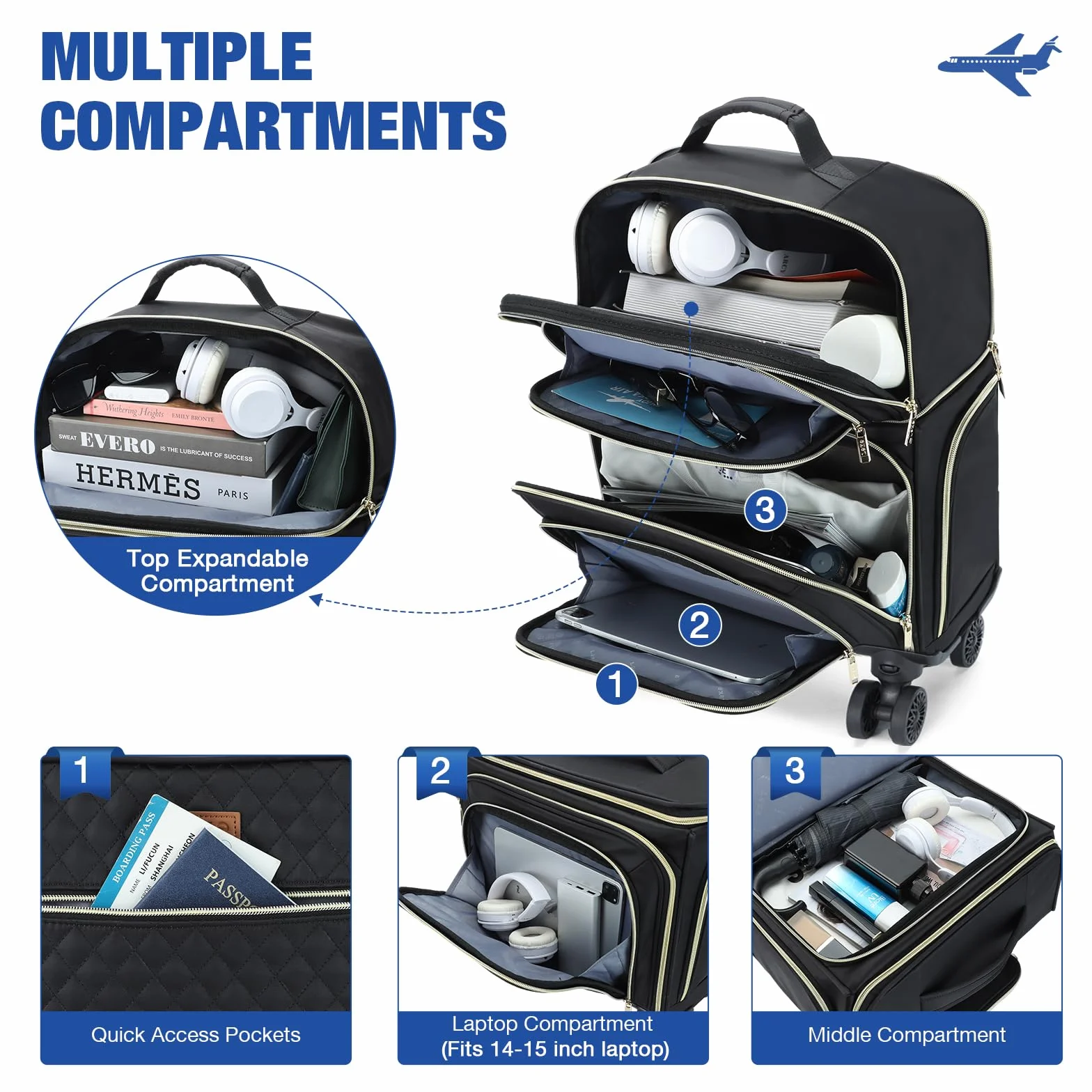 Lekeinchi Trolley Bagaglio a Mano 55x40x20 Espandibili 25-38L Valigia con 6 Tasche Organizer per Laptop Nero