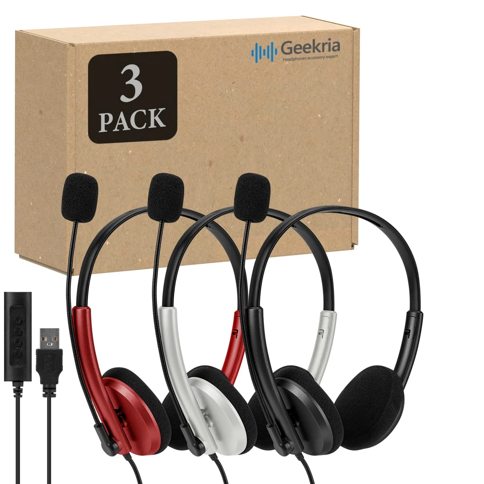 Geekria Cuffie USB con microfono, pulsante mute e controllo del volume, cuffie leggere con cavo per computer, cuffie on-ear con microfono ad asta e spina staccabile da 3,5 mm, confezione da 3, colori
