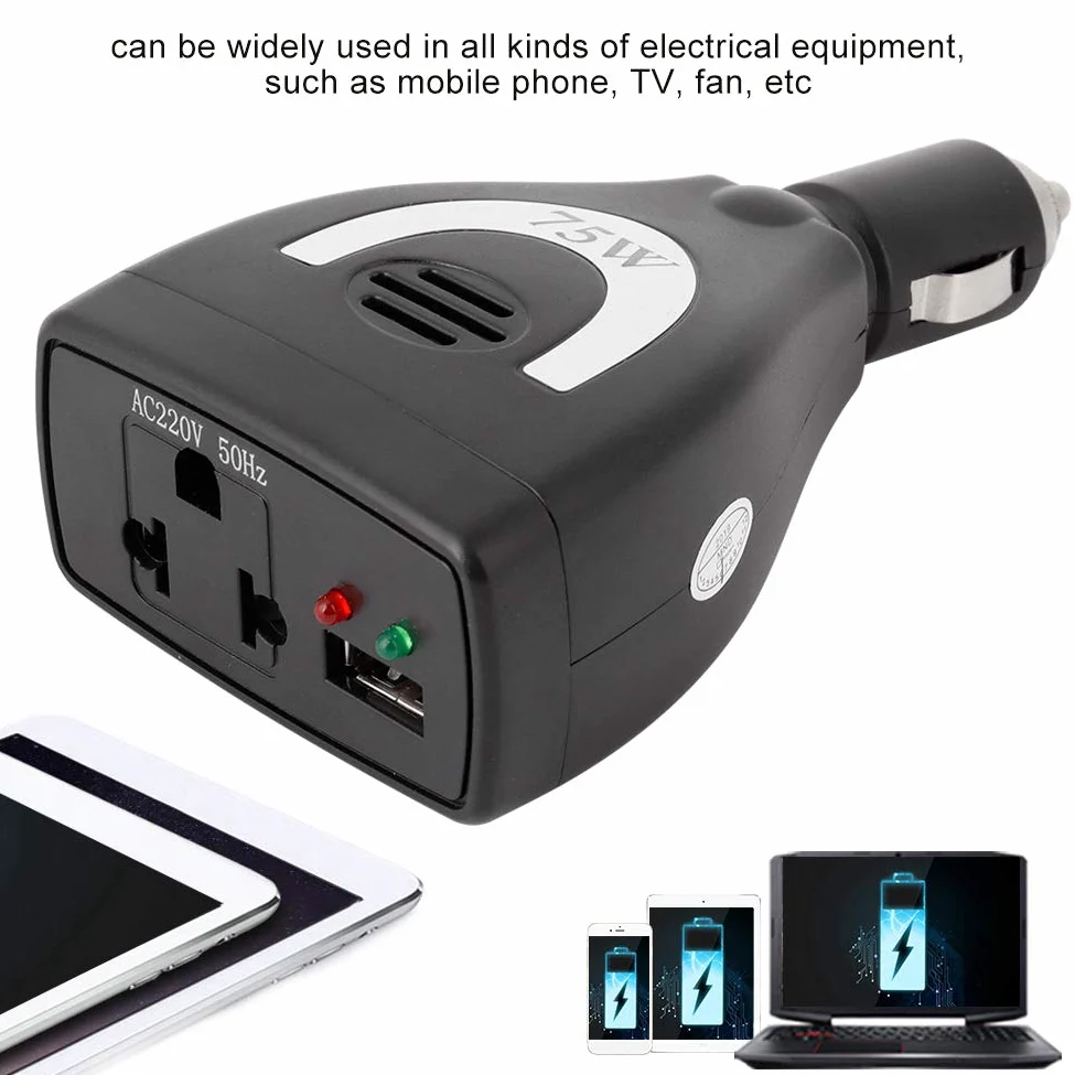 CARICABATTERIE USB CONVERTITORE INVERTER DI ALIMENTAZIONE PER AUTO - 75W DC12V a AC 220V - TOUR CON GUIDA AUTONOMA E LAVORO SUL CAMPO - DISPOSITIVI DIGITALI - PORTATILE ED