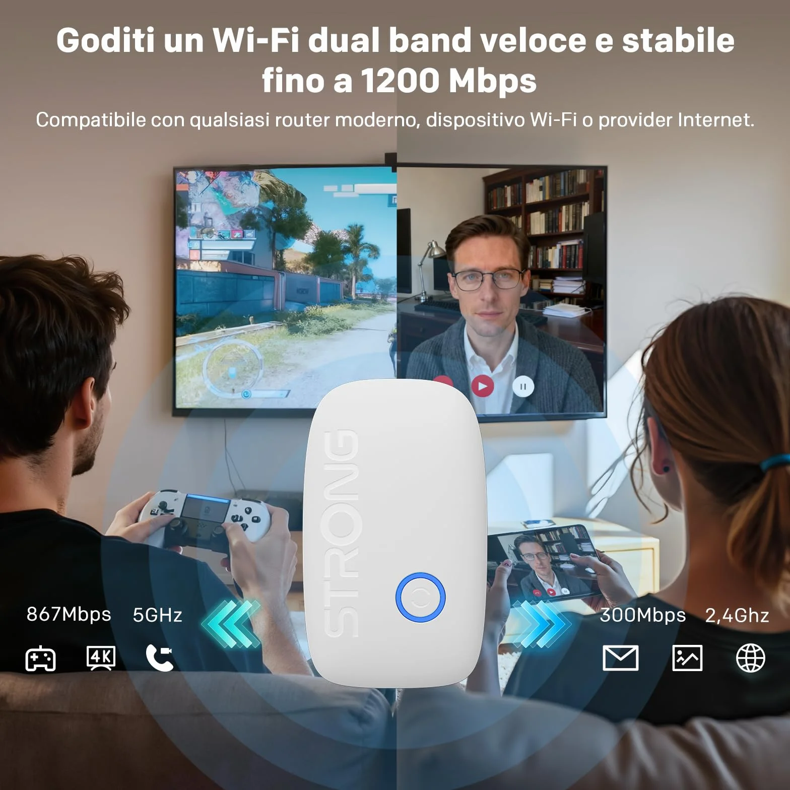 STRONG Ripetitore WiFi AC1200 da presa muro – Amplificatore WiFi potente Dual Band, WiFi extender per casa, WPS, porta LAN, ideale streaming e più dispositivi