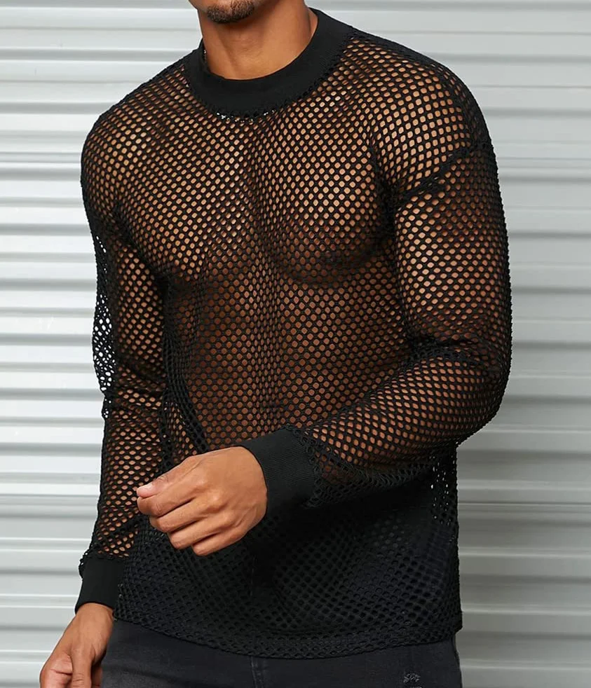 ORANDESIGNE Camicia da Uomo in Rete Trasparente Sexy Slim Fit Canottiera Clubwear Streetwear Top