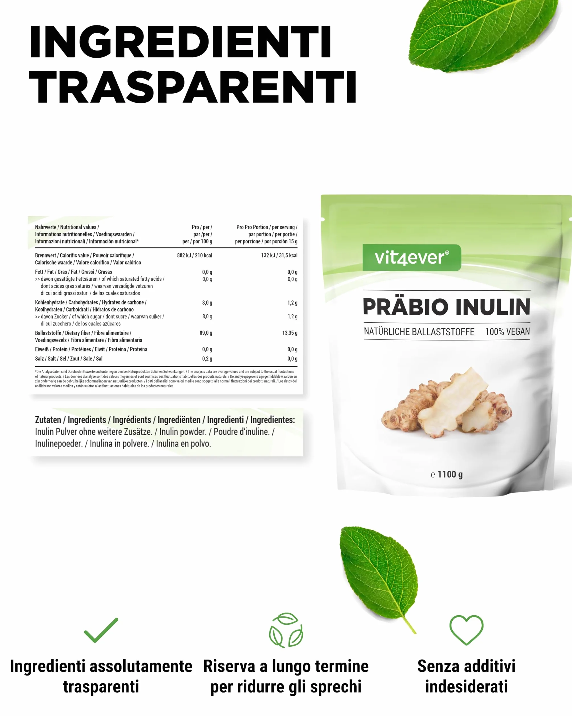 Prebio Inulin Powder 1100 g Prebiotico Fibre Vegan