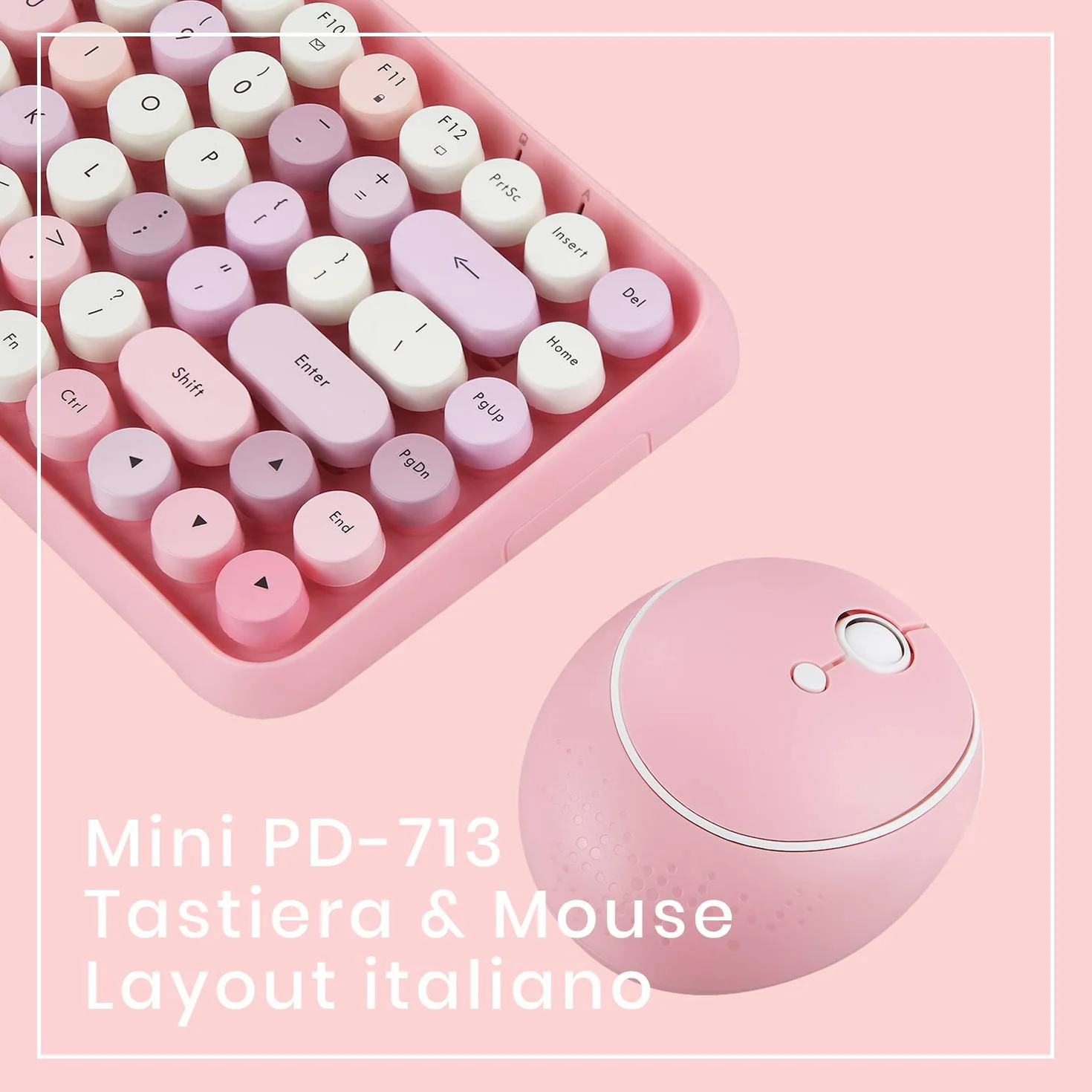 Perixx PERIDUO-713 Tastiera e mouse wireless, tasti rotondi, design macchina da scrivere retrò, tasti multimediali, cute colore rosa, QWERTY italiano