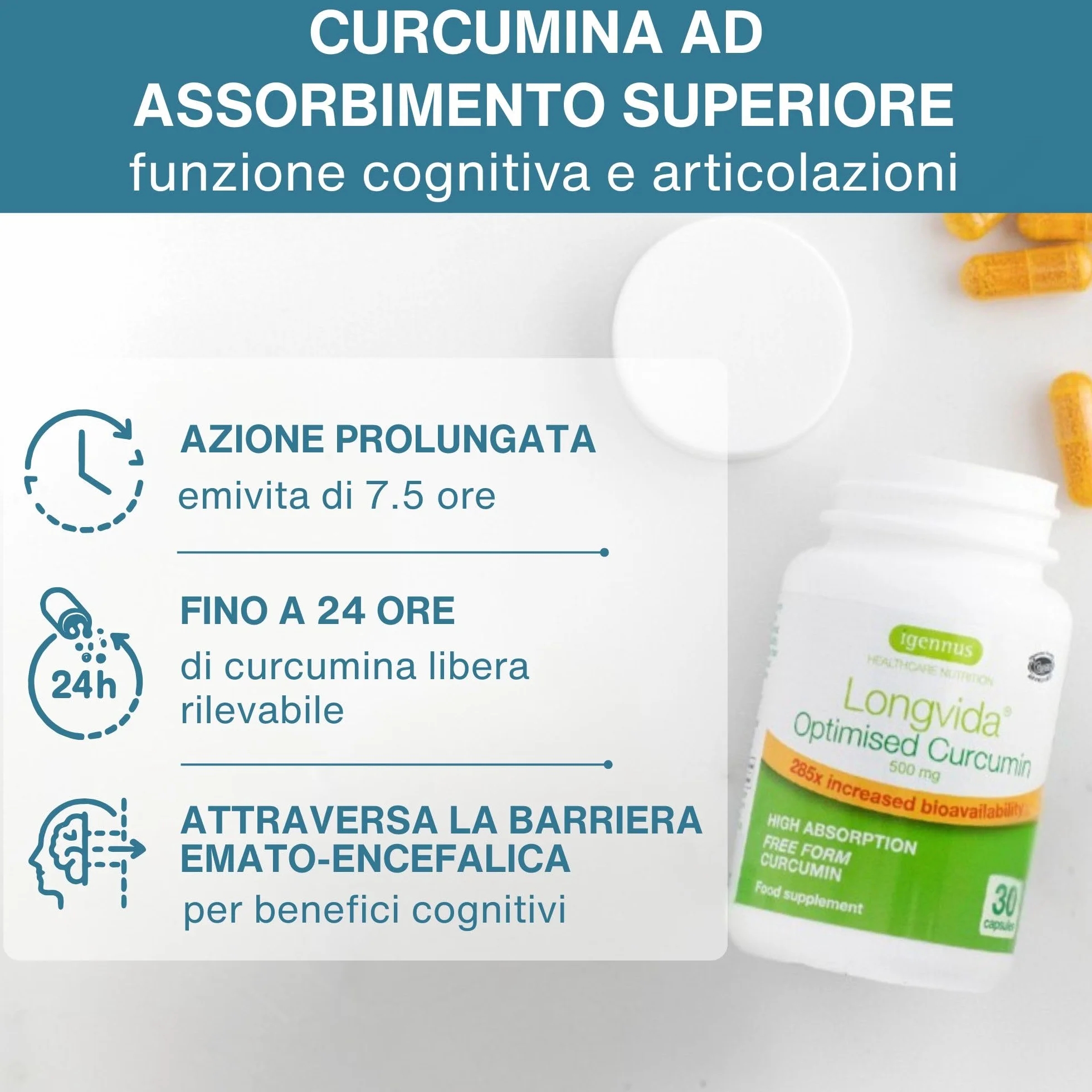 Longvida Curcumina 500mg, 30 Capsule Vegane, Supporto per Cervello, Mood e Articolazioni