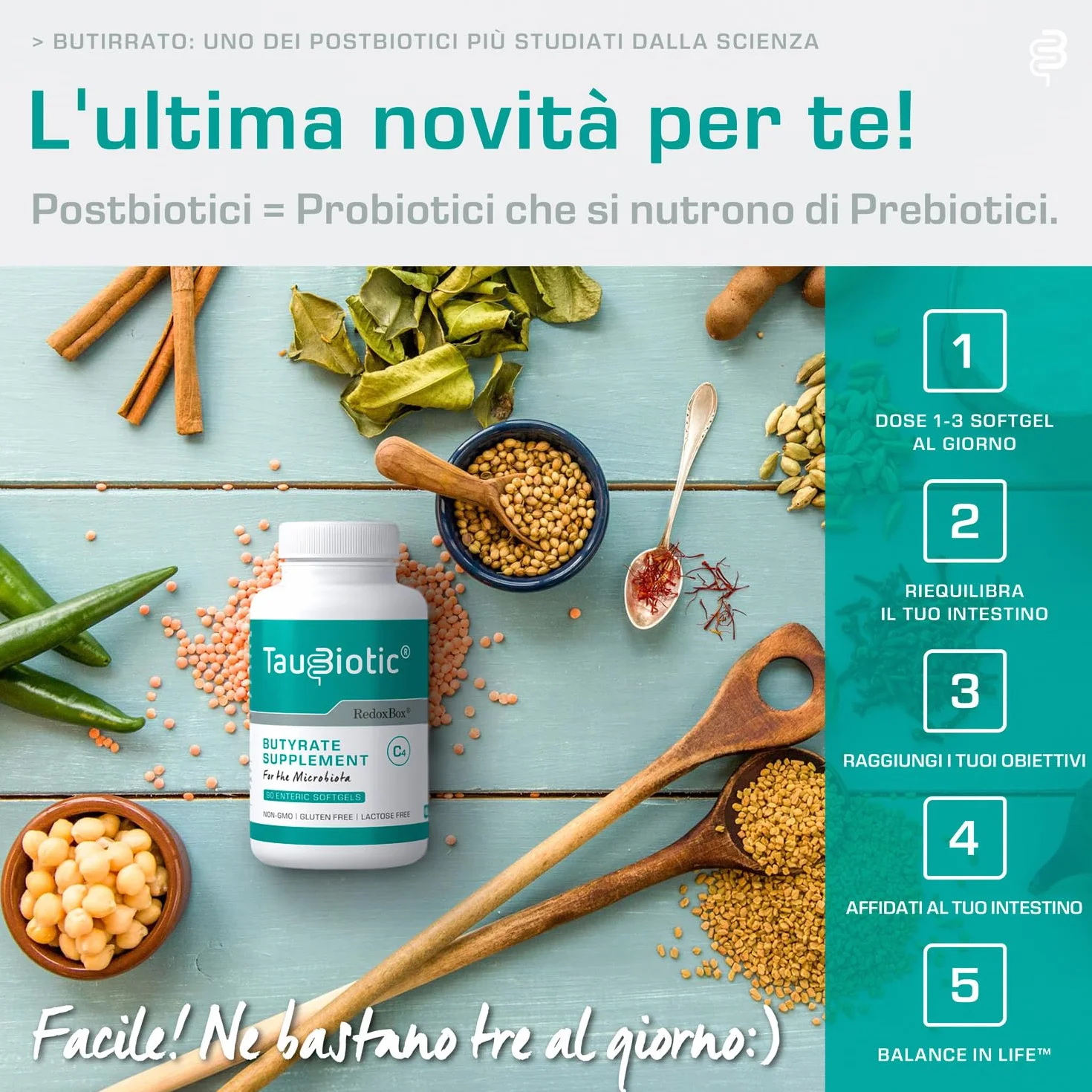 TauBiotic® RedoxBox® Butirrato Integratore 500 mg Tributirrina Microbiota 90 Softgel Gastro-resistenti