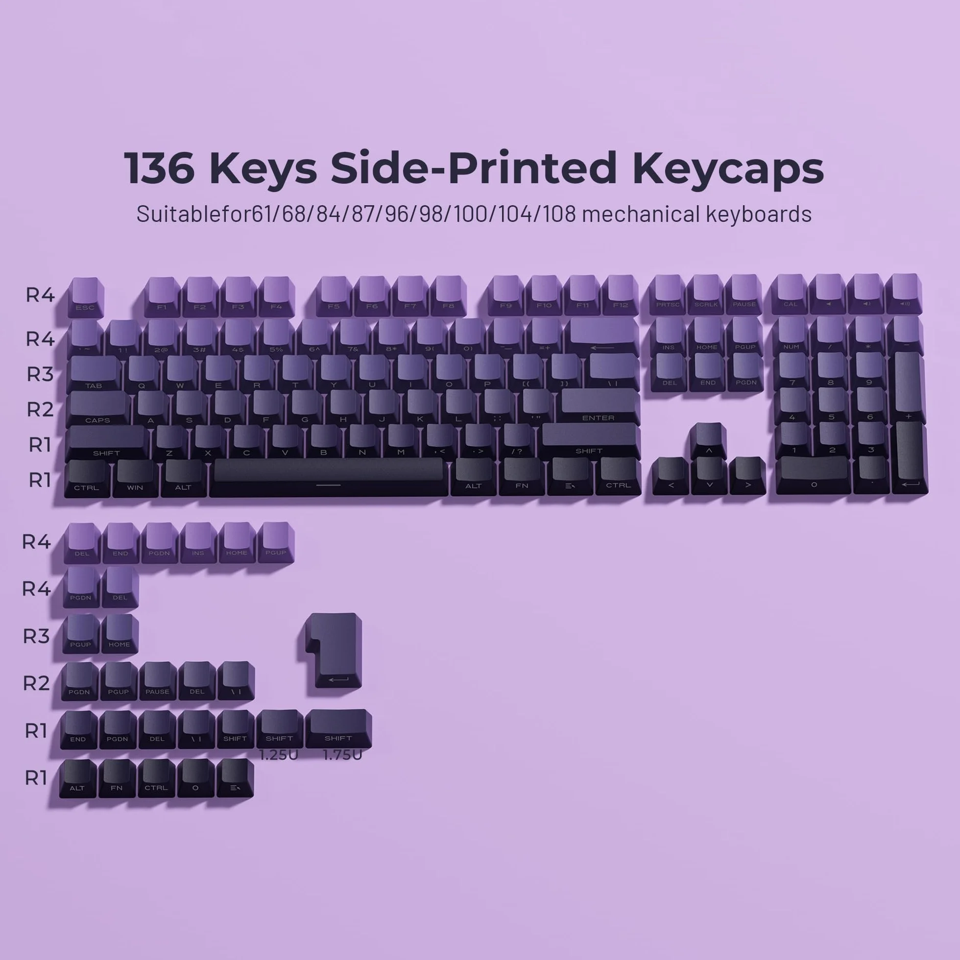XVX Side Print Keycaps, Shine Through Double Shot PBT Keycaps, Custom Key caps 60 65 75 100 Percent, Gradient Purple 136 Keys Set, OEM Profile, Minimalist Style for Cherry Gateron MX Switches Keyboard