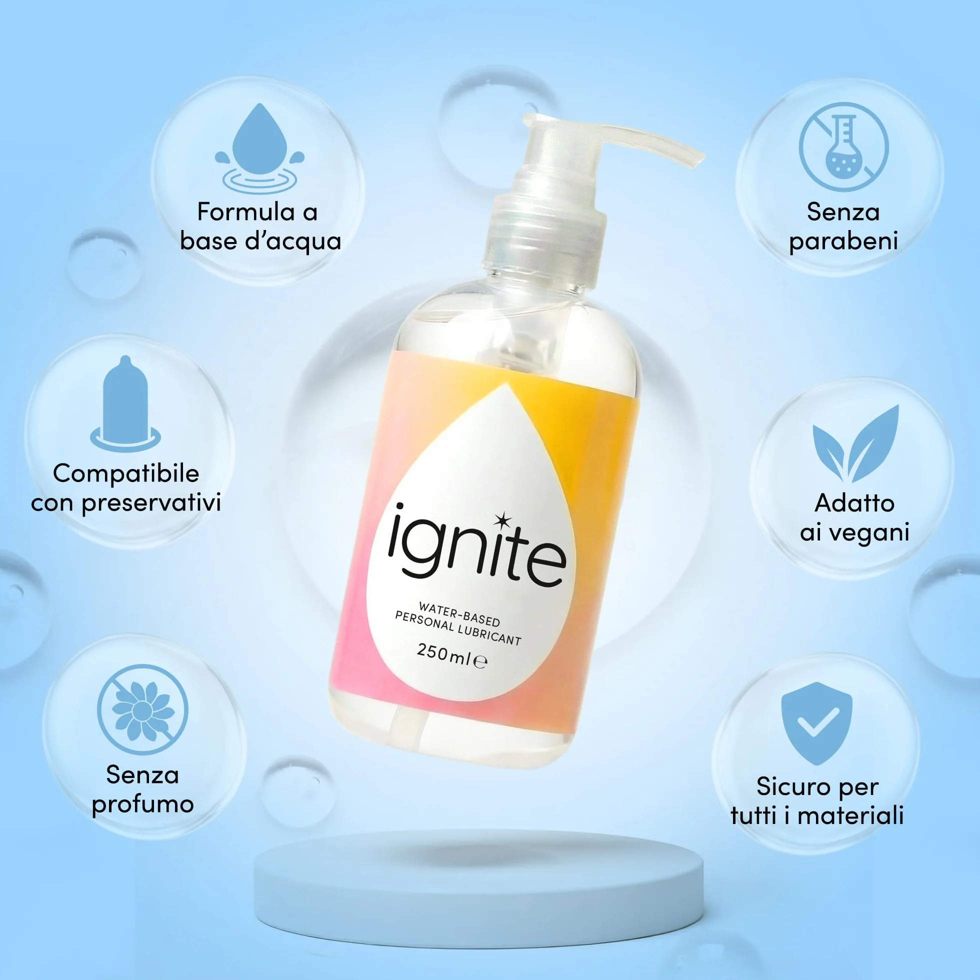 Ignite Lubrificante intimo a base di acqua 250ml - Gel lunga durata senza fragranze, parabeni, pH bilanciato, vegano