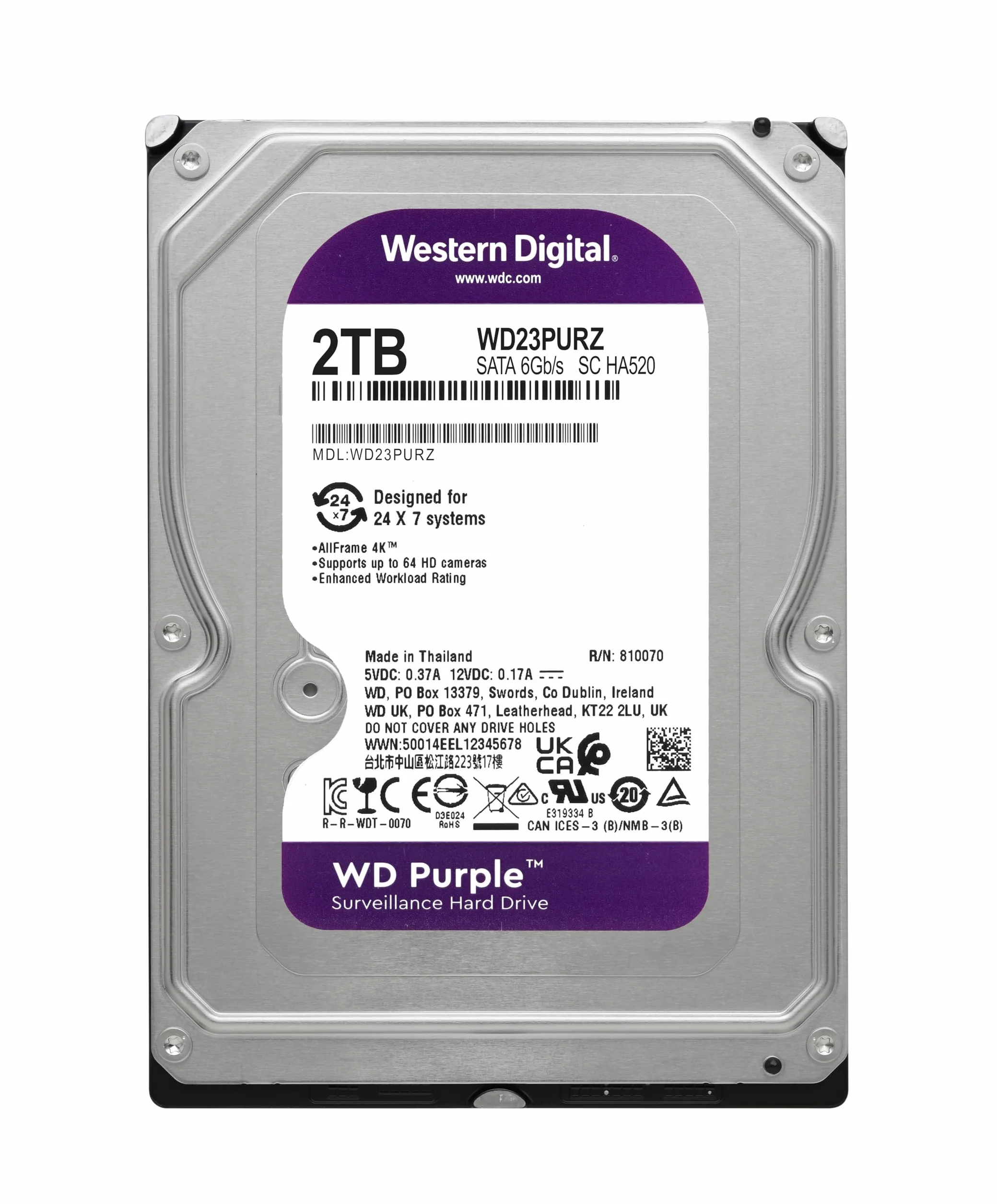 WD Purple 2TB per Videosorveglianza, Hard Disk Interno 3,5” - Tecnologia AllFrame, SATA 6 Gbit/s, 180TB/anno, Cache da 64 MB