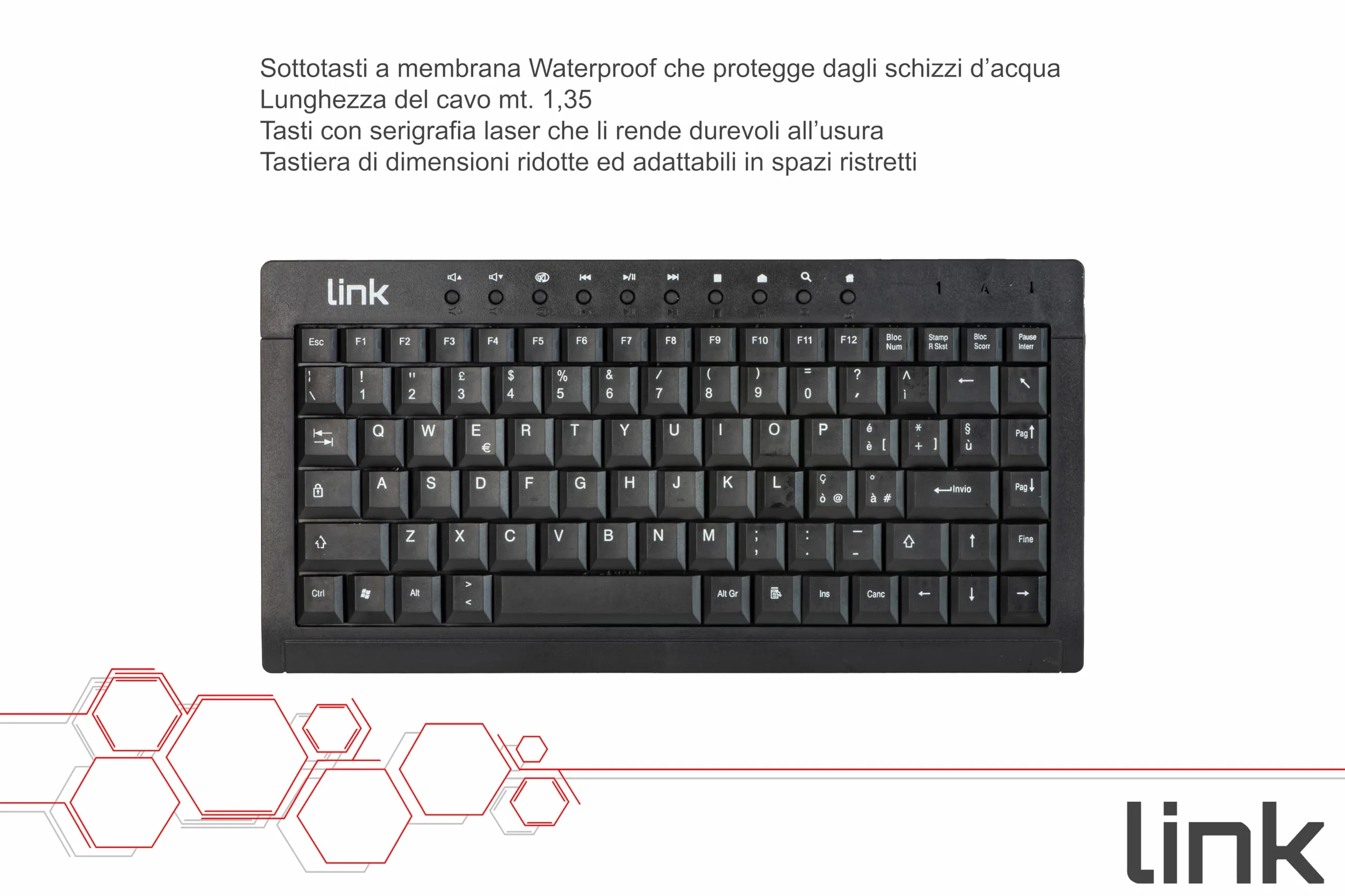 LINK LKTAST04 Mini Tastiera Multimediale USB per Spazi Stretti Applicazioni Industriali