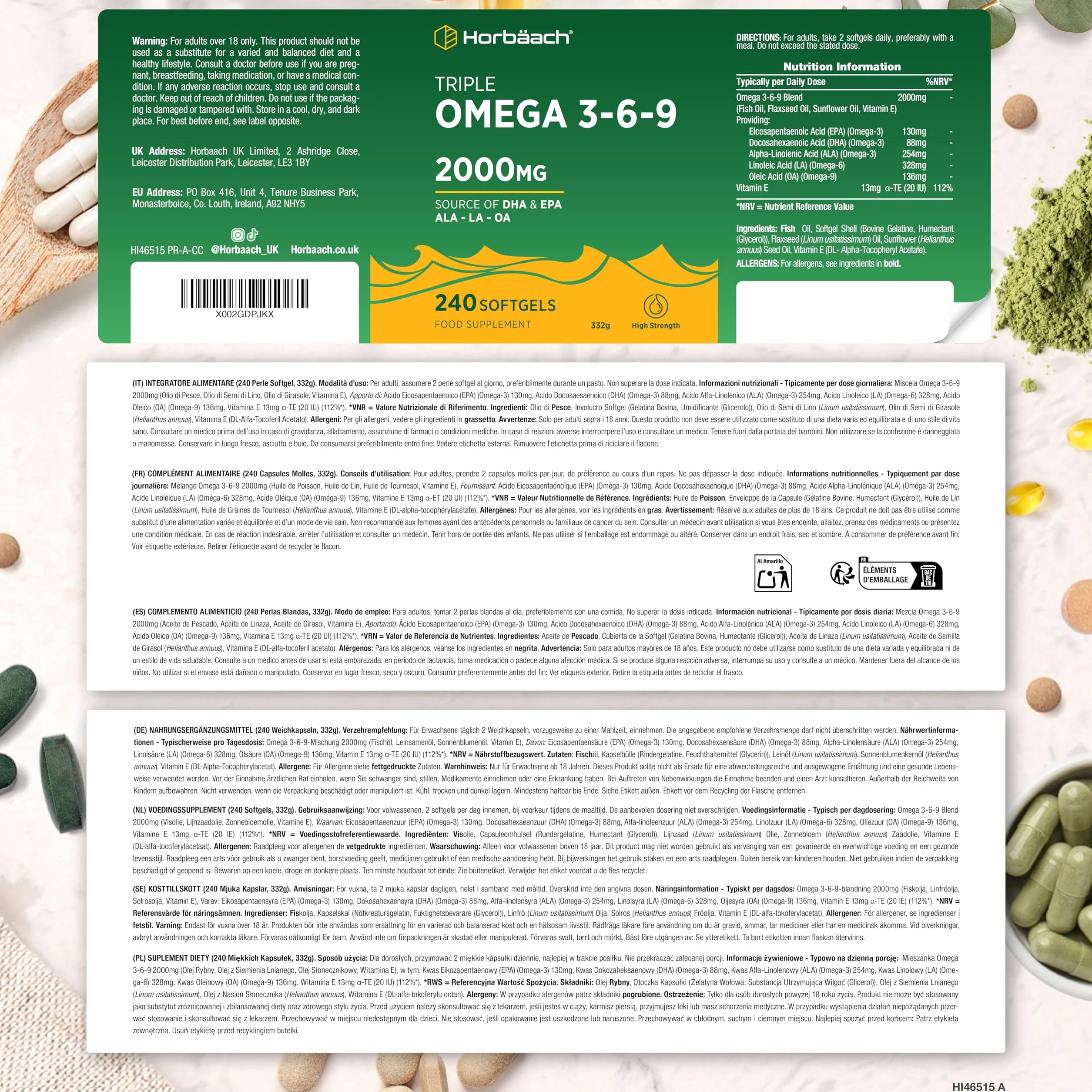 Horbaach Omega 3 6 9 2000mg 240 Vegano Softgels Alto Dosaggio DHA EPA Olio di Pesce e Lino
