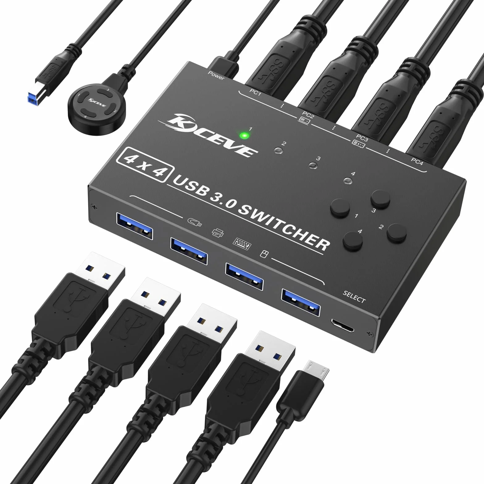 Switch USB 3.0 4 computer, selettore switch USB a 4 porte Condivisione di 4 dispositivi USB, mouse, tastiera, scanner, stampante, PC Compatibile con Mac/Windows/Linux. Con telecomando cablato