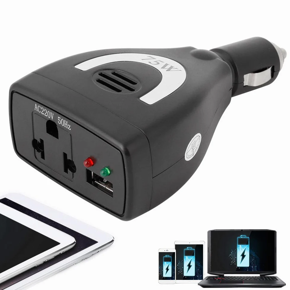 CARICABATTERIE USB CONVERTITORE INVERTER DI ALIMENTAZIONE PER AUTO - 75W DC12V a AC 220V - TOUR CON GUIDA AUTONOMA E LAVORO SUL CAMPO - DISPOSITIVI DIGITALI - PORTATILE ED