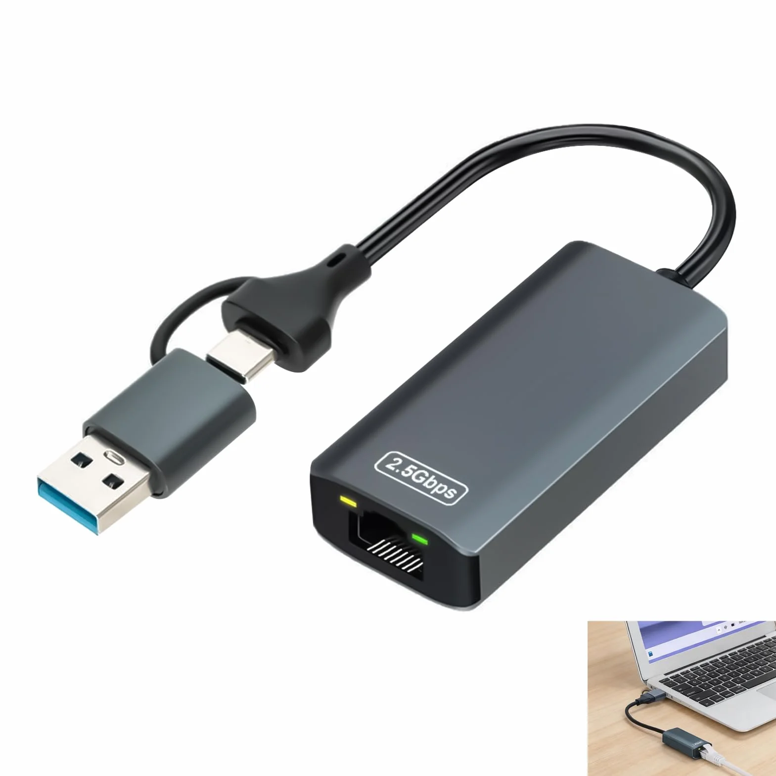 Adattatore USB Ethernet 2.5G, adattatore di rete USB-C e USB-A 2 in 1 a RJ45, Plug & Play, compatibile con Windows, macOS, Linux, iPad Pro, iPhone 15/16, Surface, XPS, connessione rapida e stabile