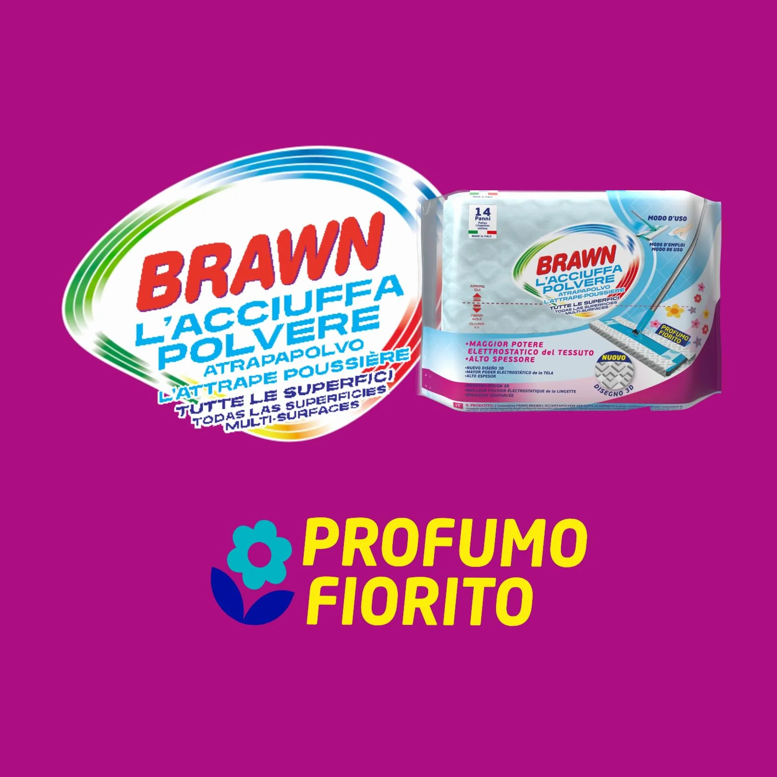 Brawn Acciuffapolvere Tessuto Texture 3D Alto Spessore Potere Elettrostatico Profumo Fiorito Confezione 14 Panni