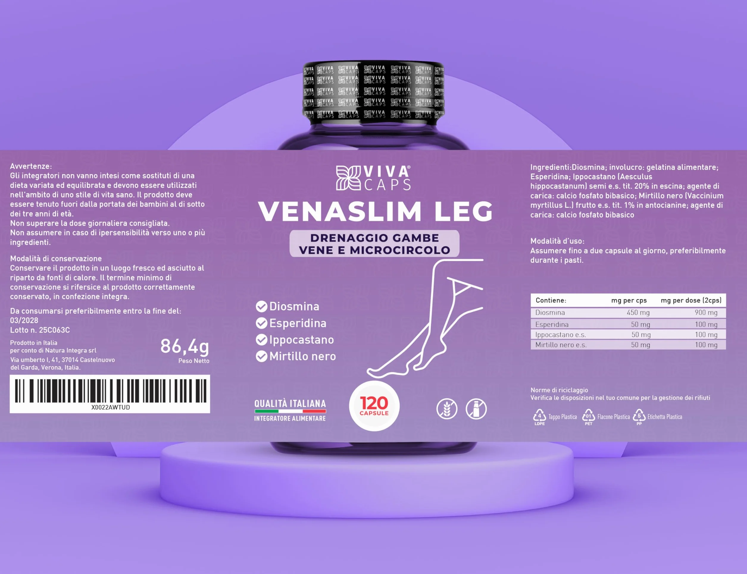 Drenante Gambe Gonfie con Diosmina Esperidina Alto Dosaggio - Integratore Alimentare per Circolazione Gambe 120Cps