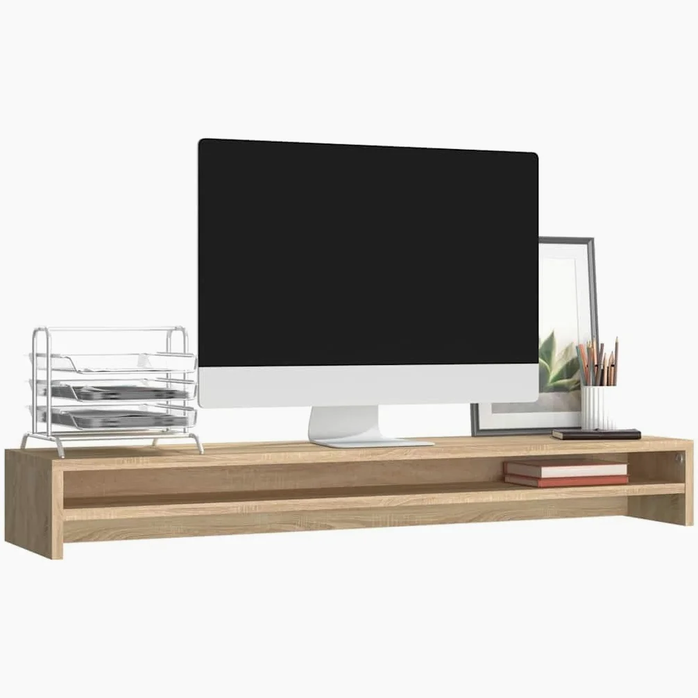 Supporto per monitor, in rovere Sonoma, 100 x 24 x 13 cm, ergonomico da scrivania con ripiano, doppio supporto per monitor per ufficio e home office