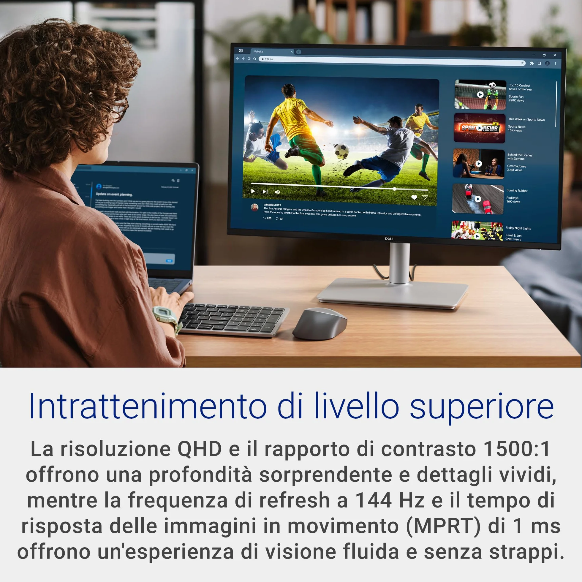 Dell 27 Plus Monitor - S2725DSM, QHD (2560x1440), 144Hz, IPS, 1ms MPRT, AMD FreeSync, 99% sRGB, Regolabile in Altezza, Altoparlanti integrati, DisplayPort, HDMI, 3 Anni di Garanzia, Bianco