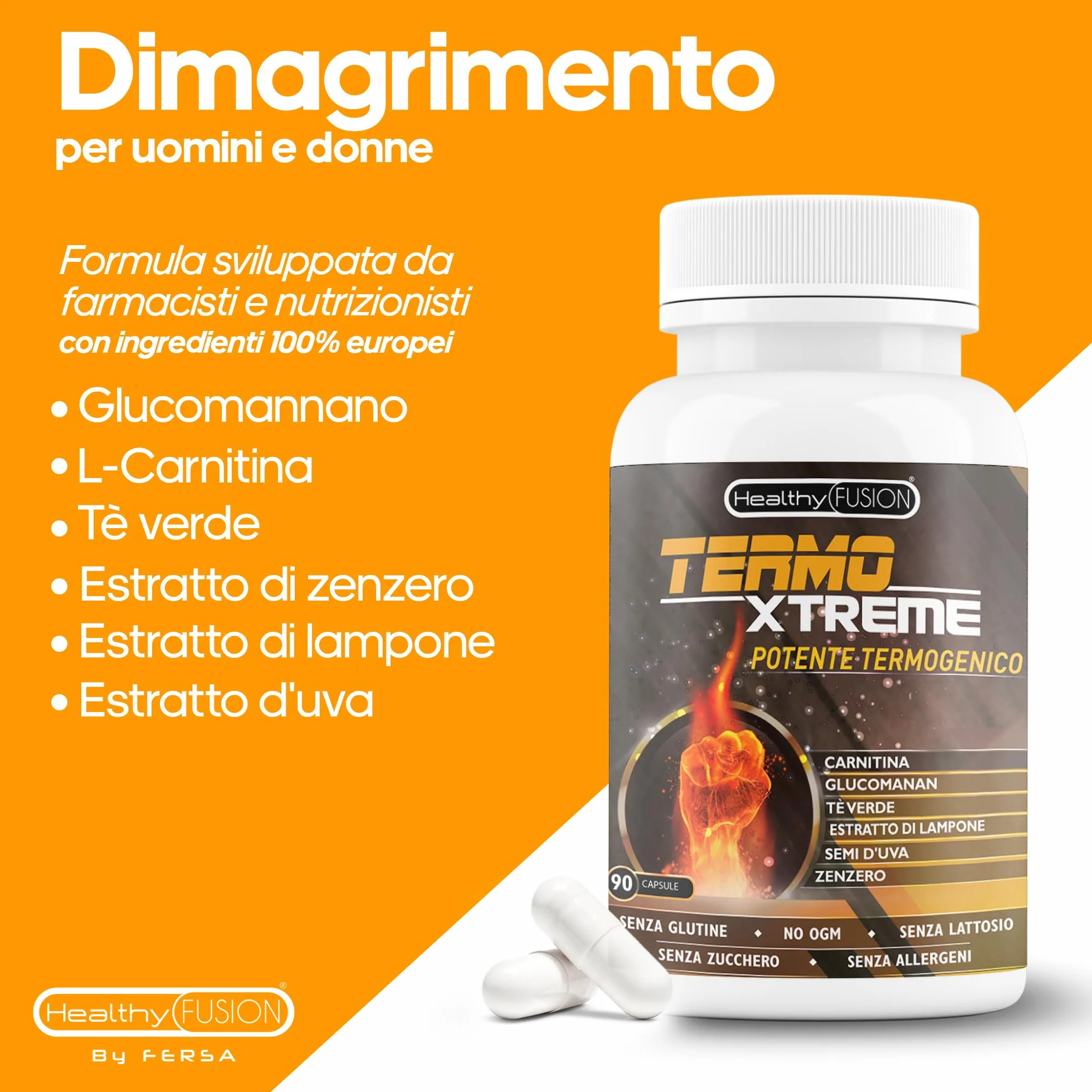 Healthy Fusion TermoXtreme Termogenico dimagrante bruciagrassi L-Carnitina CLA Glucomannano Tè verde 90u