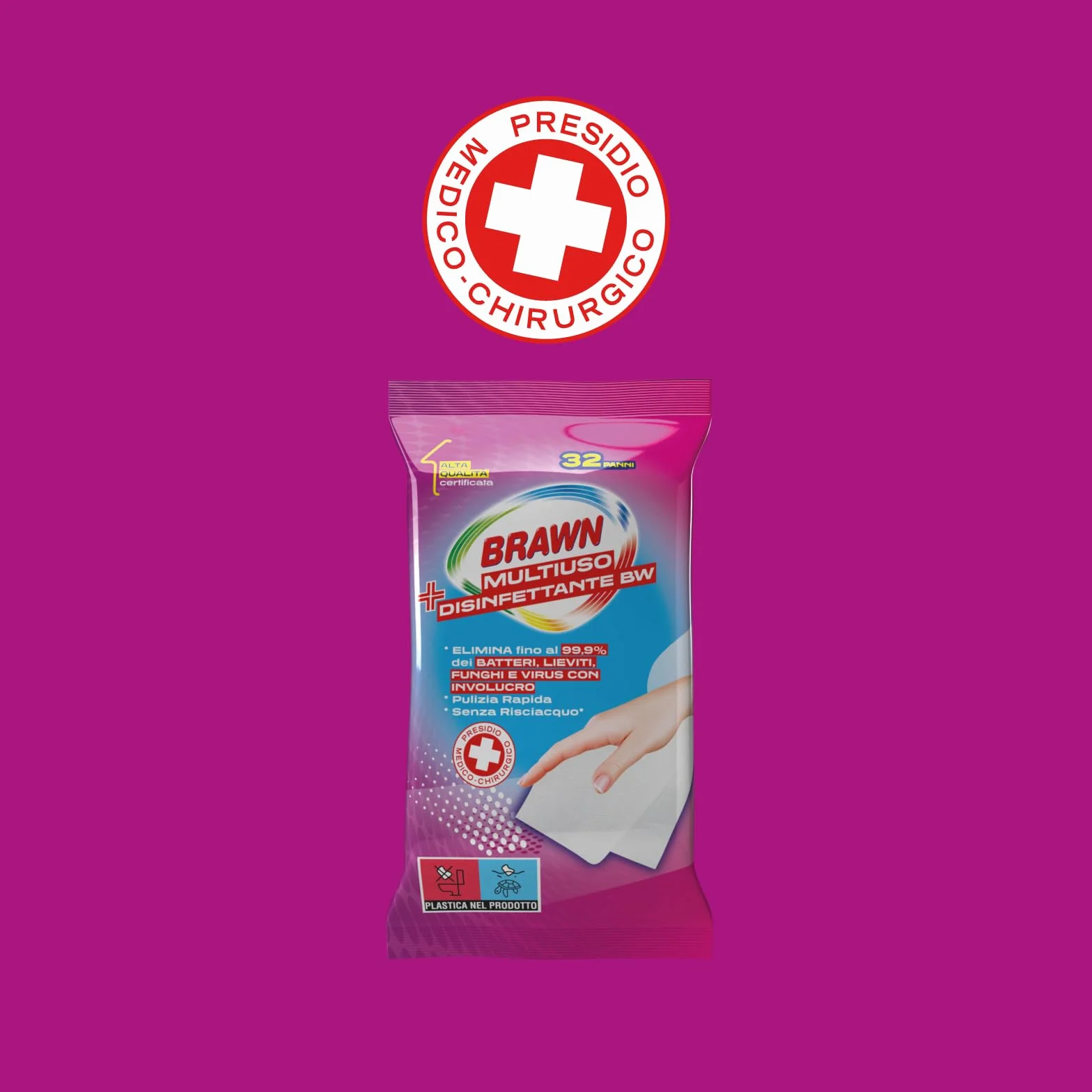 Brawn Salviette Disinfettanti Multiuso 32 pz, Elimina 99,9% Batteri Funghi Virus, Presidio Medico Chirurgico