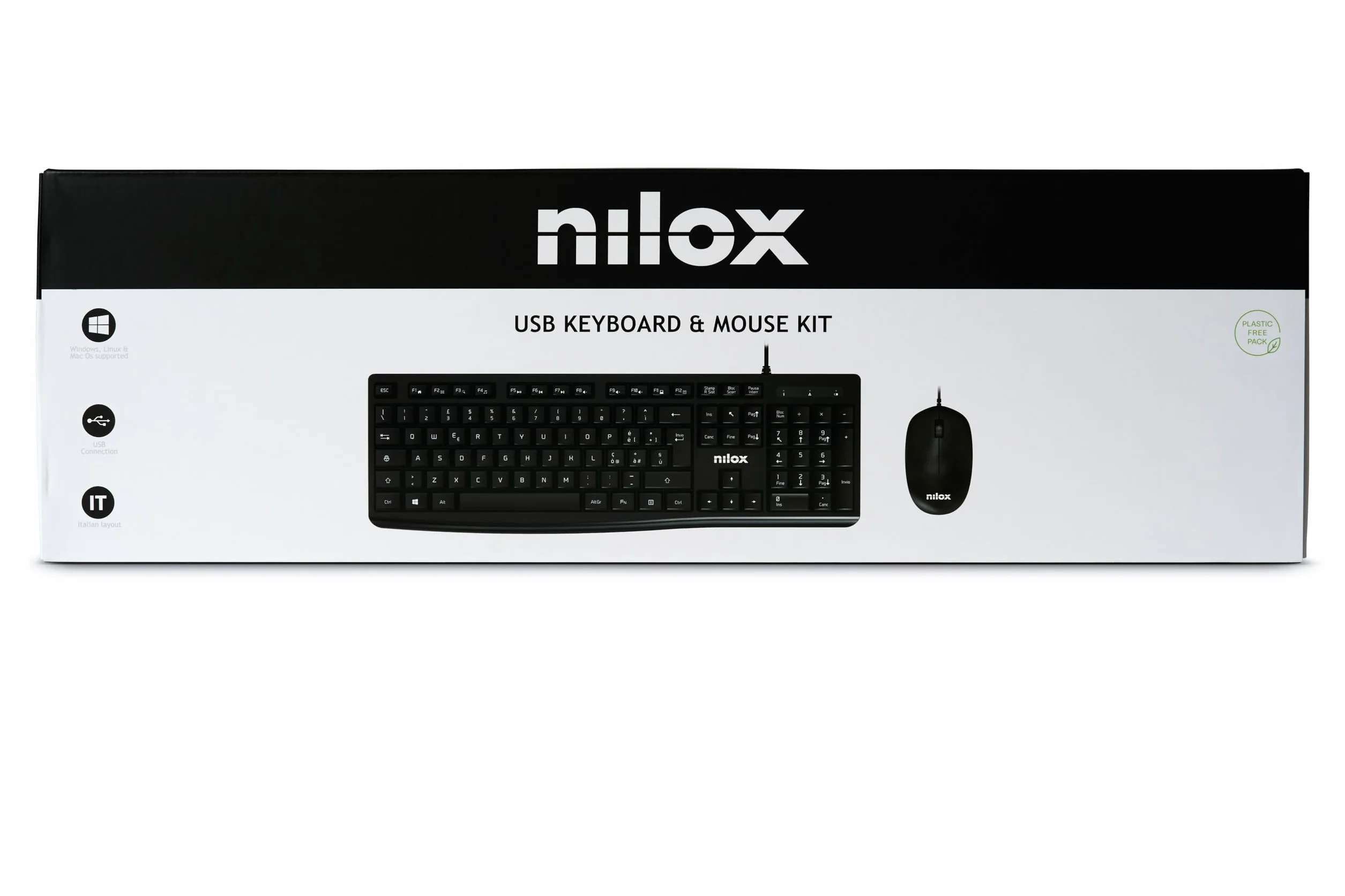 Nilox NXKMIT0012, Kit Tastiera e Mouse USB, Tastiera con Layout Italiano, Mouse con Sensore Ottico da 1200 DPI, Compatibile con Windows, Linux, MAC